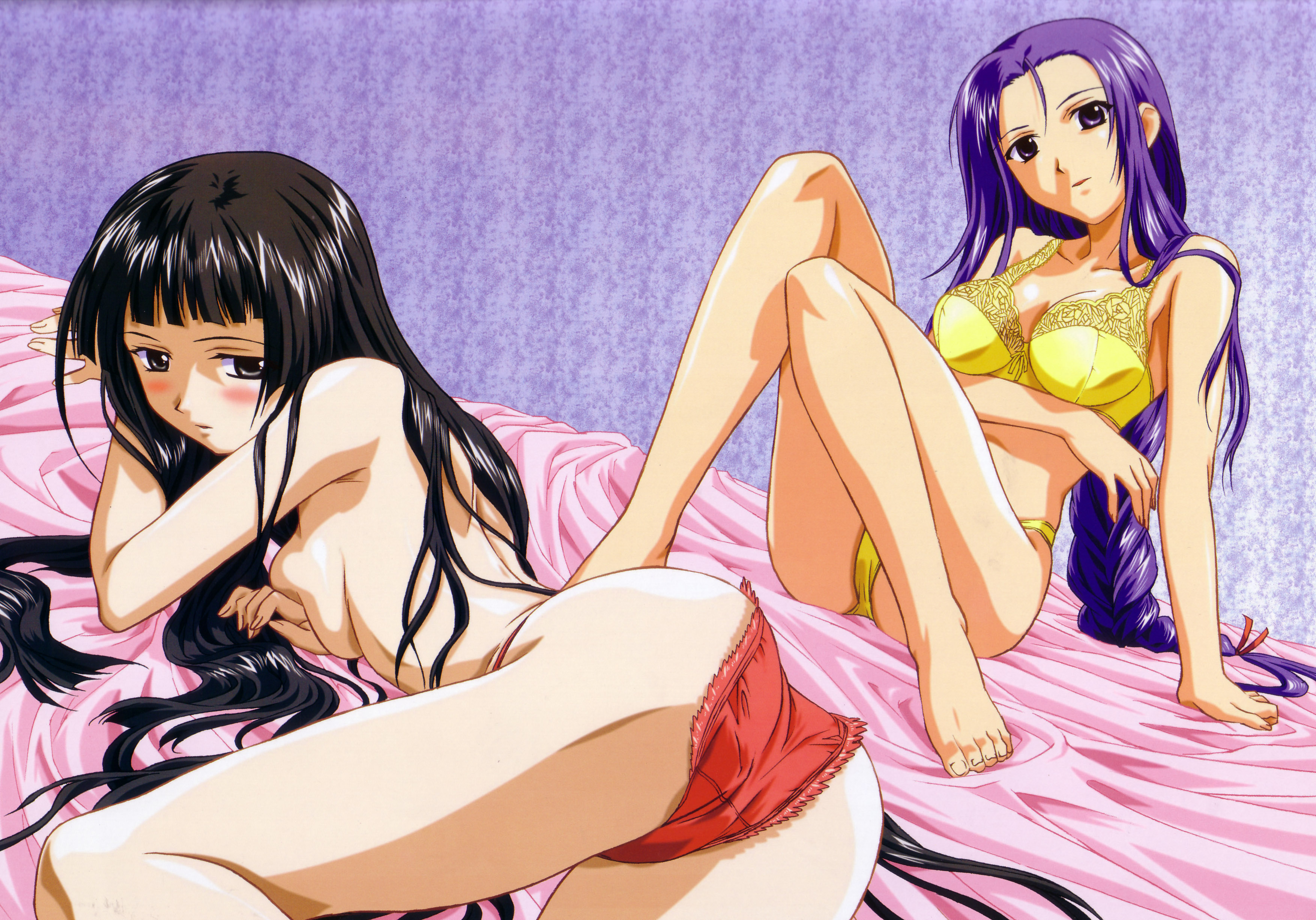 honda sarasa, kuroda rinzu, lime-iro senkitan, absurdres, highres, official art, 2girls, ass, barefoot, black eyes, black hair, blue eyes, blue hair, bra, feet, hair spread out, lingerie, multiple girls, panties, red panties, topless female, underwear, underwear only, yellow panties