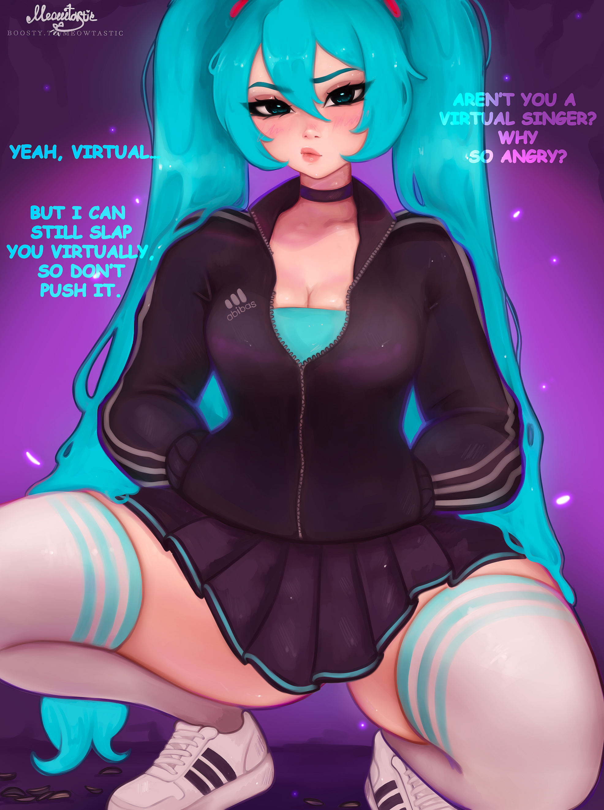 meowtastic, hatsune miku, adidas, vocaloid, absurdres, highres, 1girl, black choker, black jacket, black skirt, blue eyes, blue hair, blush, choker, english text, hairband, jacket, lips, lipstick, long hair, makeup, seed, shoes, skirt, sneakers, squatting, sunflower seed, thighhighs, thighs, white thighhighs