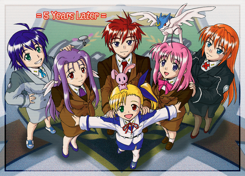 caro ru lushe, erio mondial, friedrich (nanoha), lutecia, lutecia alpine, sacred heart, subaru nakajima, teana lanster, vivio, lyrical nanoha, mahou shoujo lyrical nanoha, mahou shoujo lyrical nanoha strikers, mahou shoujo lyrical nanoha vivid, black legwear, white legwear, 00s, 10s, 1boy, 5girls, ahoge, blonde hair, blue eyes, brown hair, dragon, english text, freidrich, green eyes, grin, heterochromia, long hair, military, military uniform, multiple girls, orange hair, pantyhose, pencil skirt, pink hair, purple hair, red eyes, red hair, short hair, skirt, smile, thighhighs