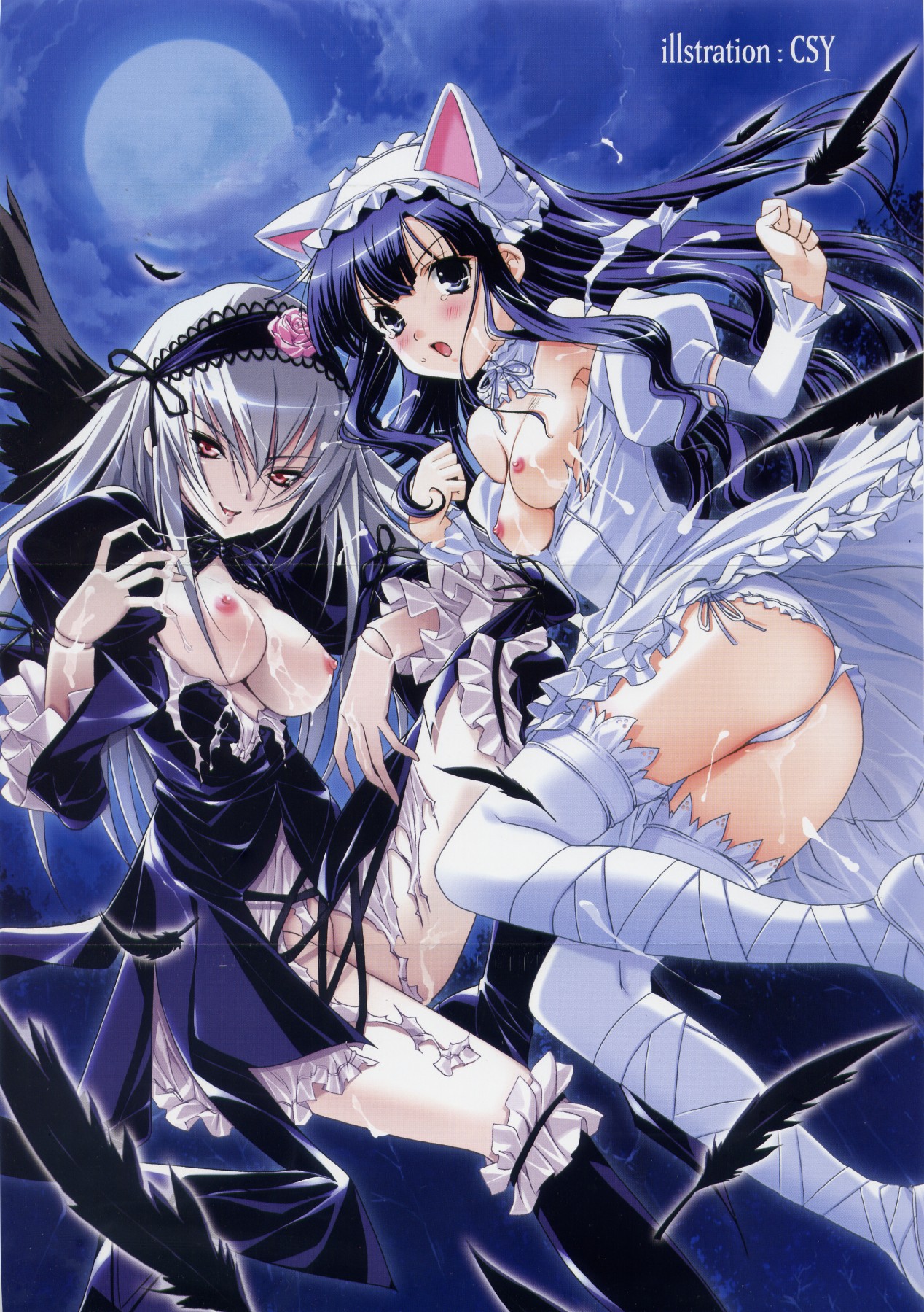 csy, hazuki (tsukuyomi), suigintou, rozen maiden, tsukuyomi moonphase, silver hair, highres, 00s, 2girls, animal ears, black wings, breasts, cat ears, cum, feathers, gothic lolita, lolita fashion, long hair, multiple girls, panties, purple eyes, purple hair, side-tie panties, tearing clothes, thighhighs, torn clothes, underwear, wings