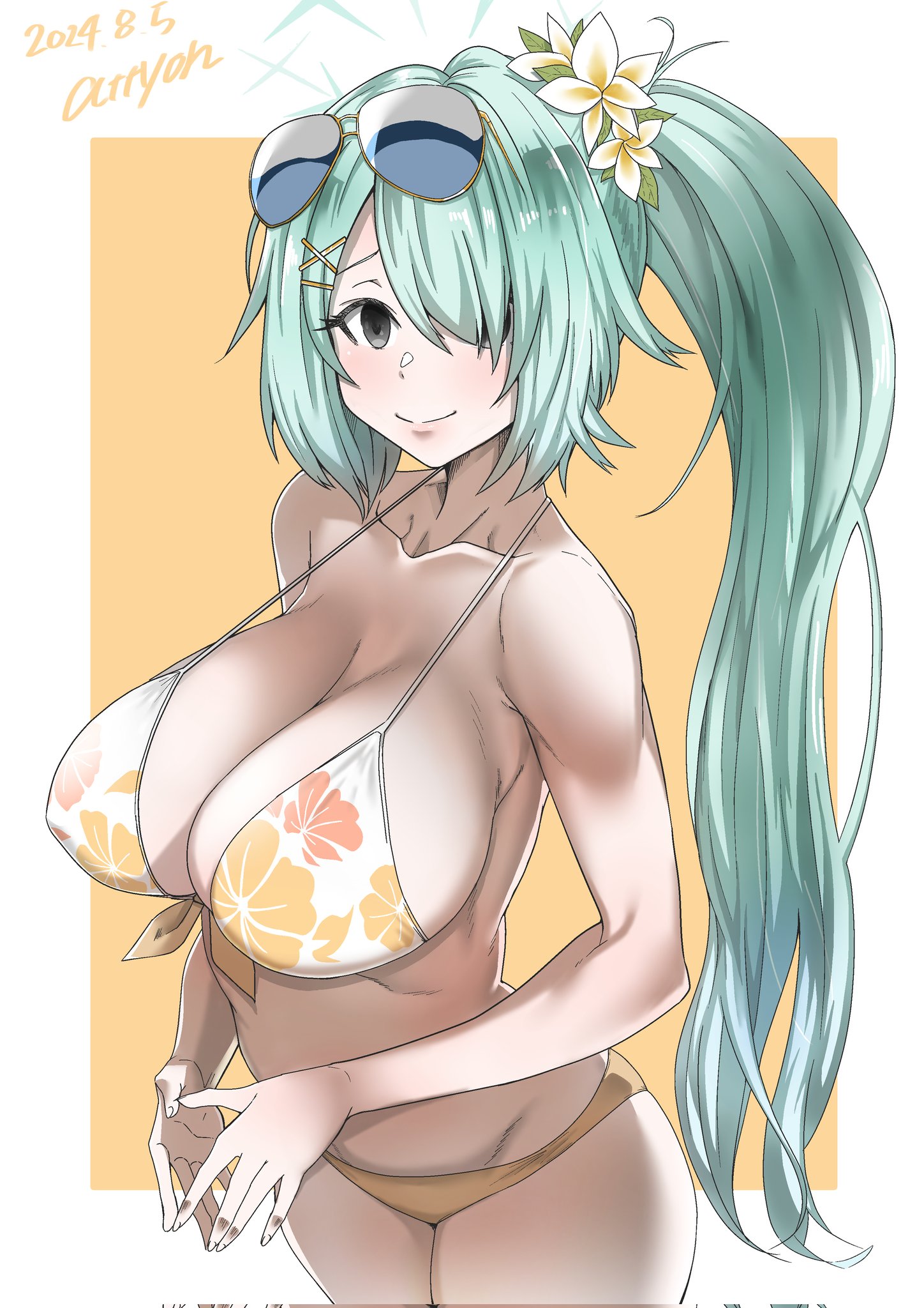 attyon, hiyori (blue archive), hiyori (swimsuit) (blue archive), highres, 1girl, artist name, bikini, breasts, cowboy shot, dated, eyewear on head, floral print, front-tie bikini top, front-tie top, green eyes, green hair, hair over one eye, large breasts, long hair, mismatched bikini, orange bikini, side ponytail, smile, solo, steepled fingers, sunglasses, swimsuit