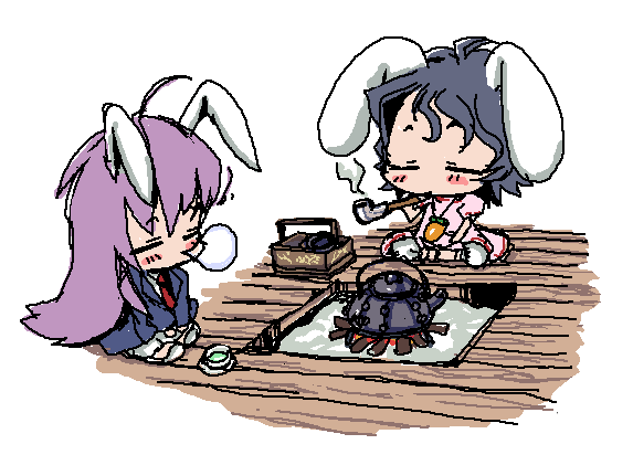 baku taso, itigekimaru, inaba tewi, reisen udongein inaba, touhou, 2girls, animal ears, chibi, female focus, kiseru, multiple girls, pipe in mouth, rabbit ears, sleeping, smoking, smoking pipe