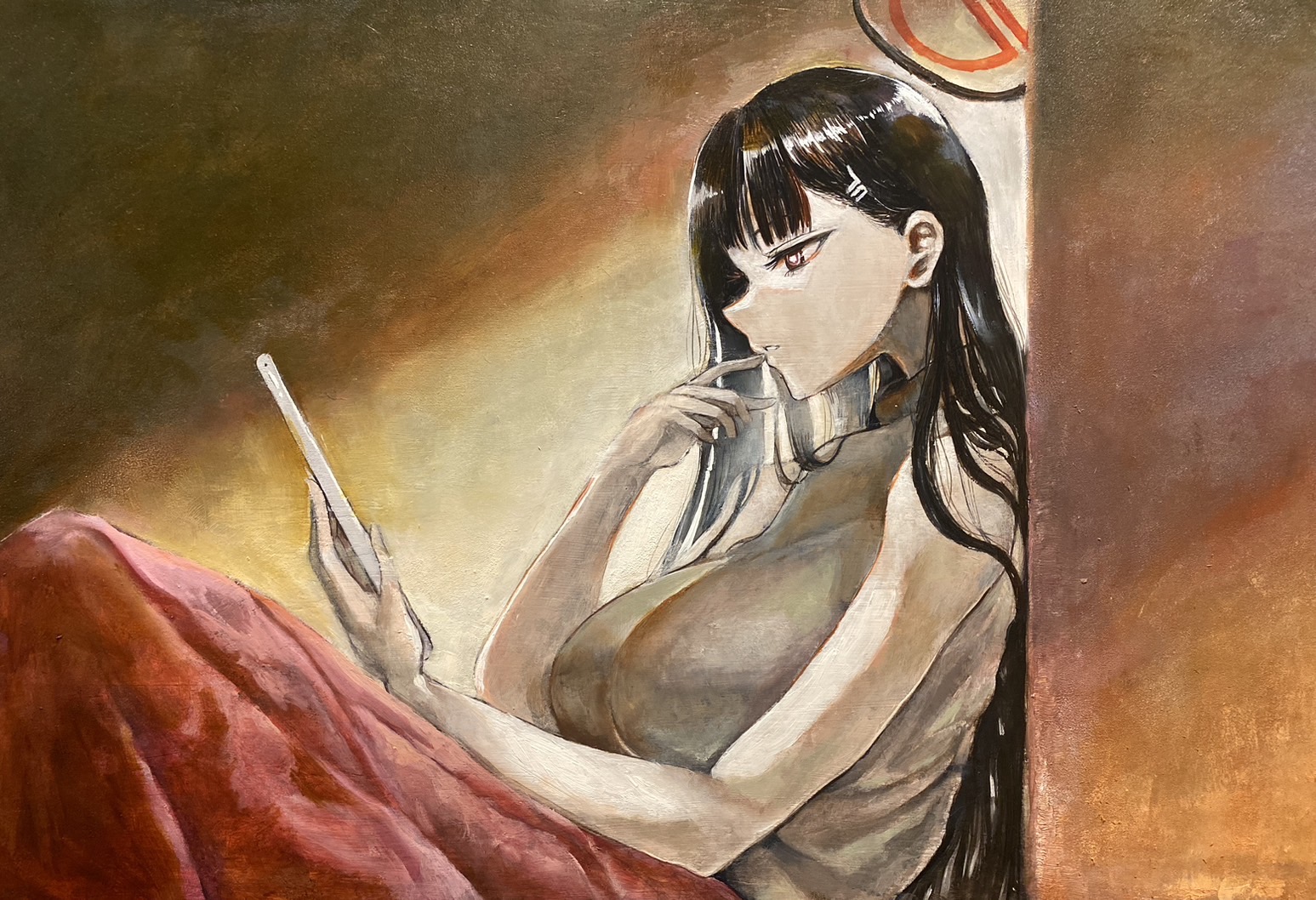 kanikoro8, rio (blue archive), blue archive, commentary request, oil painting (medium), painting (medium), traditional media, 1girl, bare shoulders, black hair, breasts, hair ornament, hairclip, halo, holding, holding tablet pc, large breasts, long hair, parted lips, red eyes, ringed eyes, sitting, sleeveless, solo, tablet pc