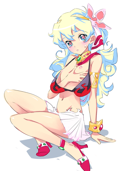 nishieda, nia teppelin, tengen toppa gurren lagann, 00s, 1girl, blush, breasts, female focus, flat chest, grabbing another's breast, groping, oversized clothes, simple background, solo, sweatdrop