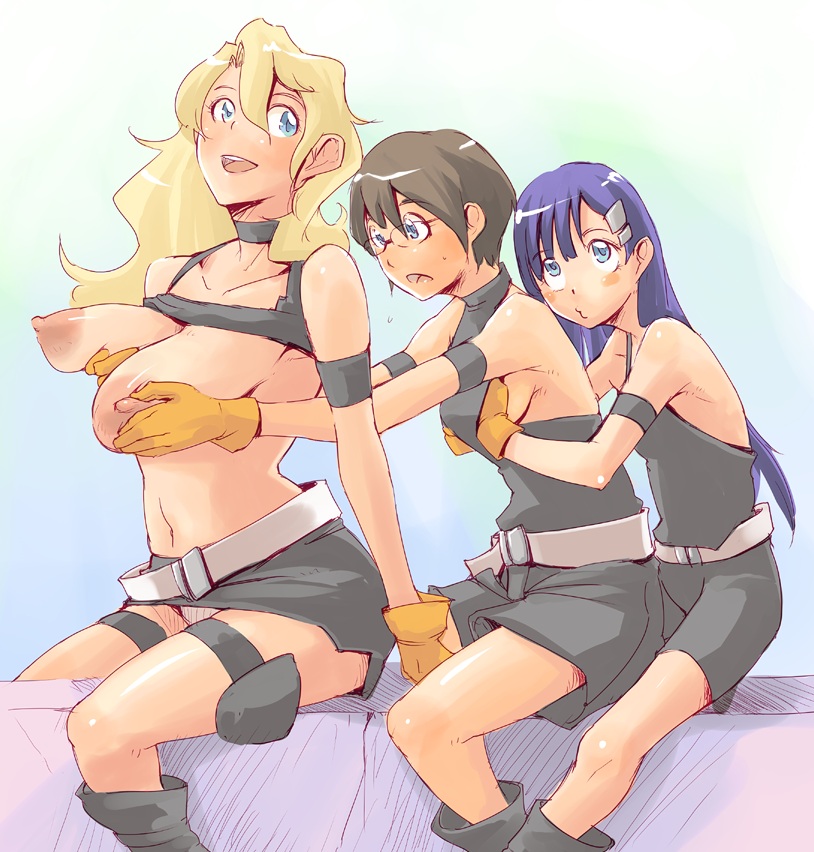 kinon bachika, kiyal bachika, kiyoh bachika, tengen toppa gurren lagann, 00s, 3girls, bike shorts, blonde hair, breasts, brown hair, clothes lift, flat chest, from behind, glasses, gloves, grabbing another's breast, groping, huge breasts, incest, long hair, midriff, multiple girls, purple hair, shirt lift, short hair, siblings, sisters, thigh strap, yuri