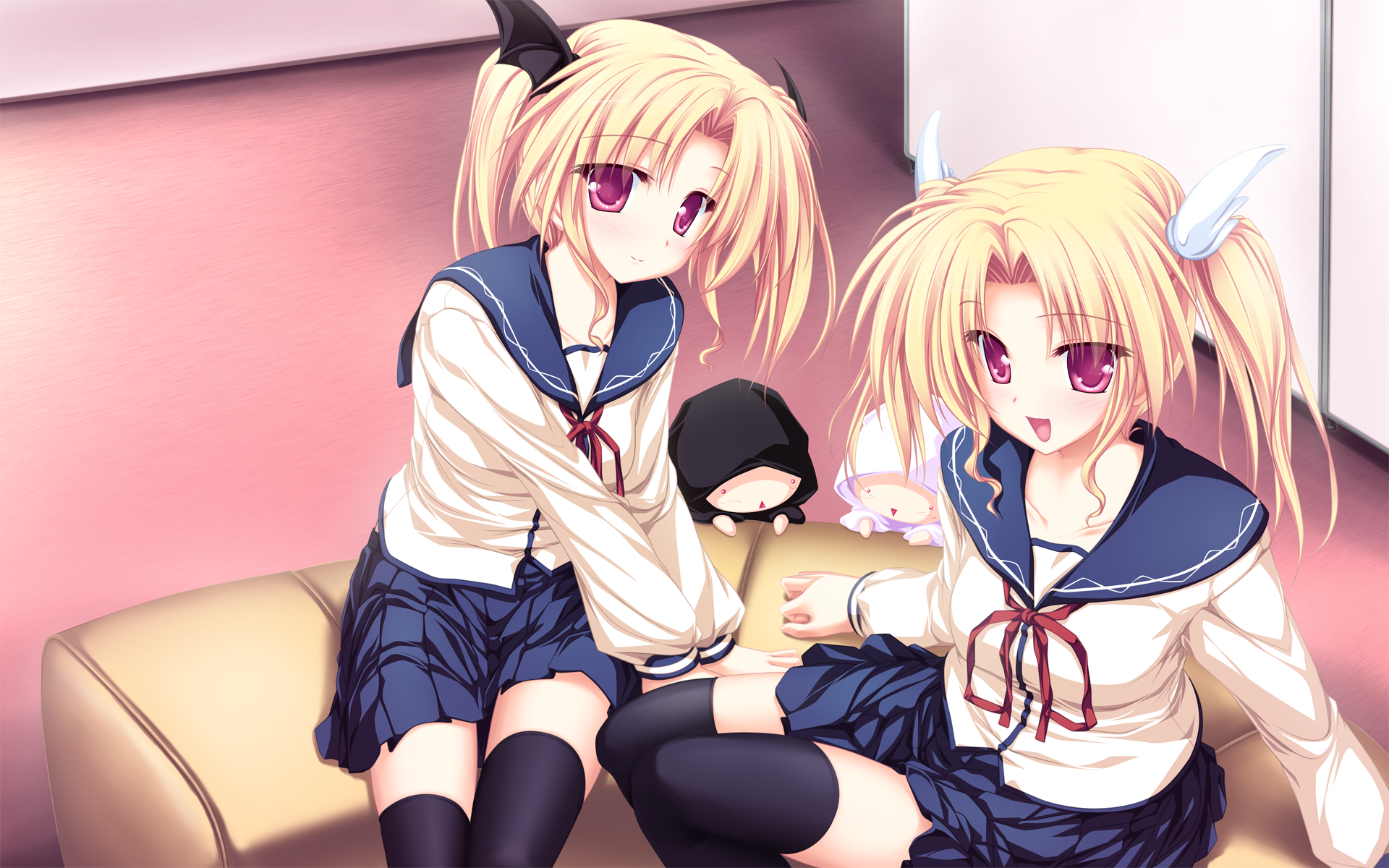 tenmaso, nina geminis, rena geminis, magus tale, highres, 2girls, blonde hair, head wings, multiple girls, purple eyes, school uniform, serafuku, siblings, sisters, thighhighs, twins, twintails, wings