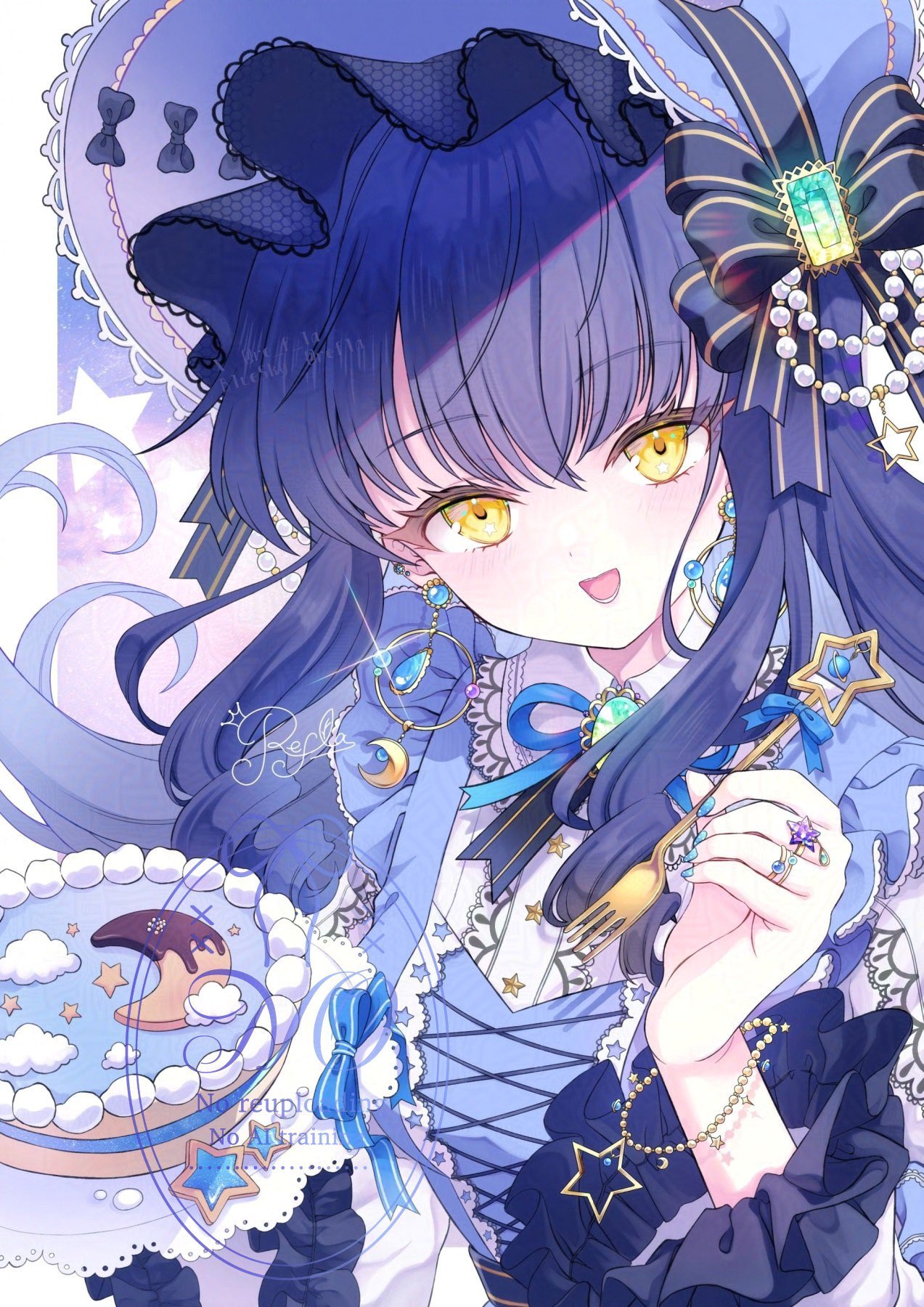 original, highres, 1girl, blue hair, blue nails, bonnet, bow, cake, crescent, dress, earrings, food, fork, gem, holding, holding fork, jewelry, lolita fashion, long hair, looking at viewer, open mouth, re f la, ring, smile, solo, watermark, yellow eyes