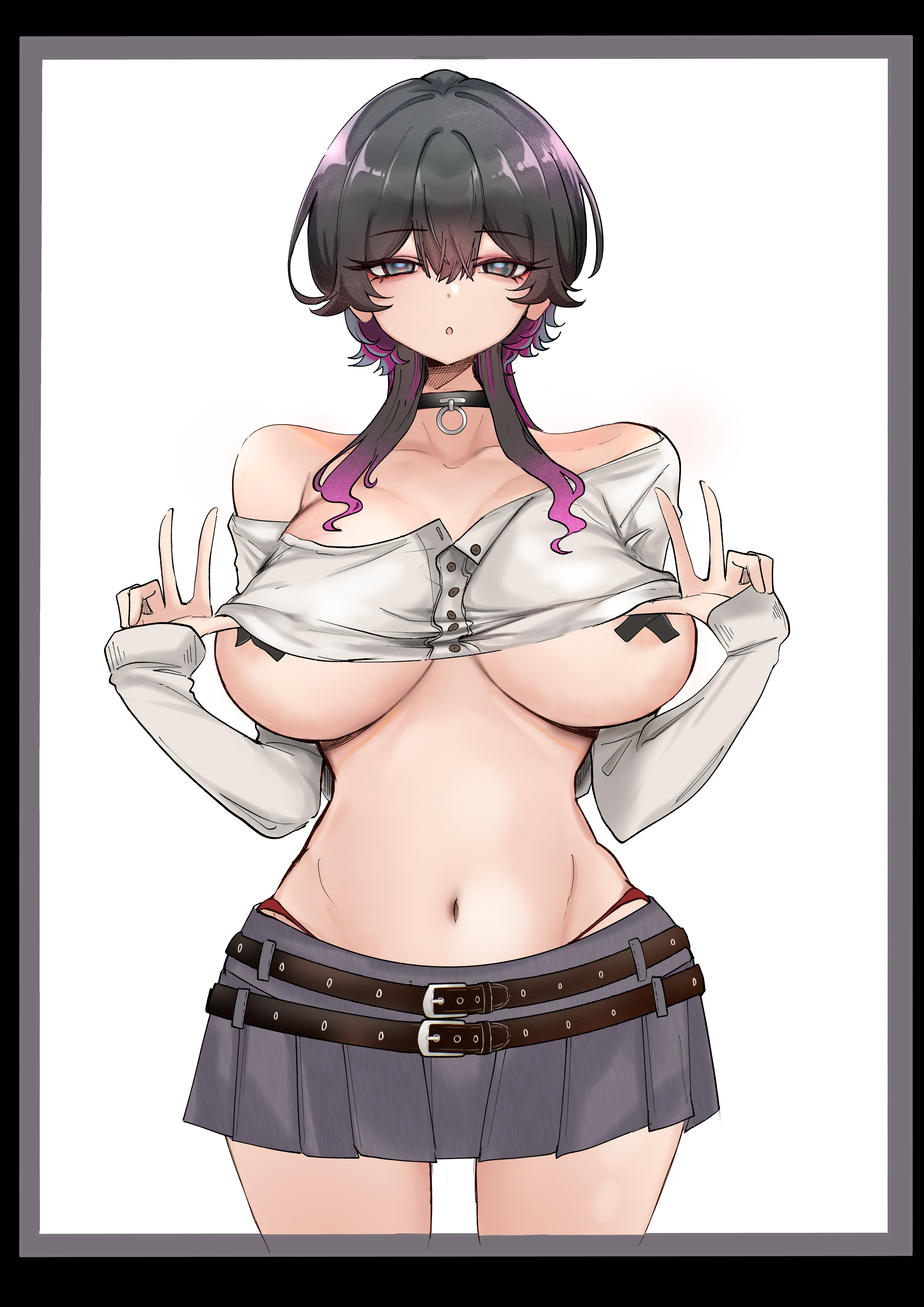 kanikoro8, original, absurdres, highres, 1girl, bare shoulders, belt, black eyes, black hair, breasts, choker, double v, grey skirt, large breasts, long hair, looking at viewer, midriff, navel, open mouth, panties, pasties, pleated skirt, purple hair, red panties, skirt, sleeves past wrists, solo, underwear, v