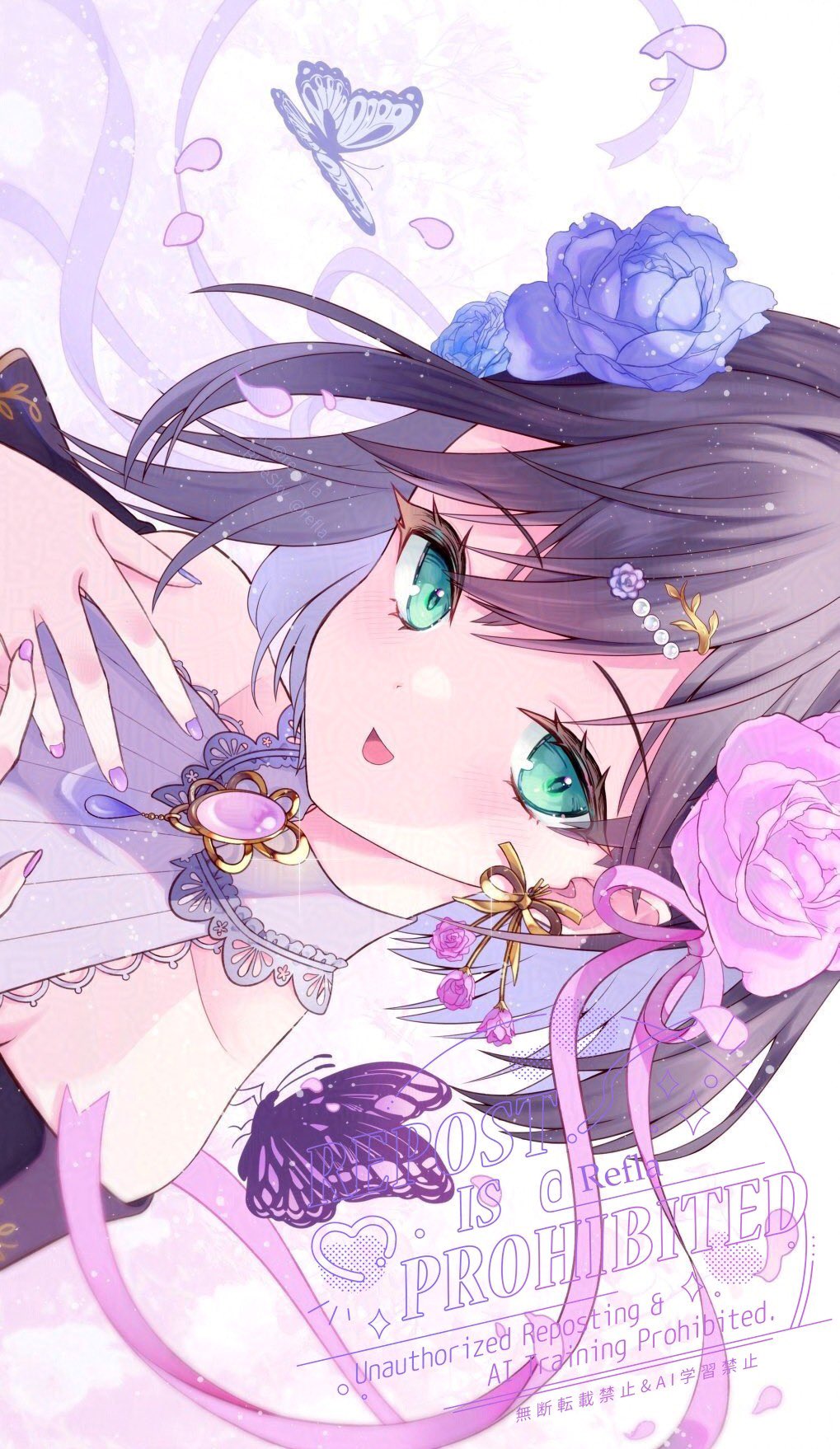 original, commission, highres, skeb commission, 1girl, blue flower, blue rose, brooch, earrings, flower, flower earrings, gem, green eyes, hair flower, hair ornament, jewelry, looking at viewer, nail polish, open mouth, pink flower, pink rose, purple nails, re f la, rose, smile, solo, virtual youtuber
