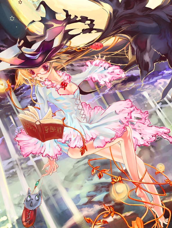 1 fps, original, witchcraft (manga), 1girl, barefoot, blonde hair, book, cat, female focus, glasses, hat, magic, red eyes, solo, witch, witch hat