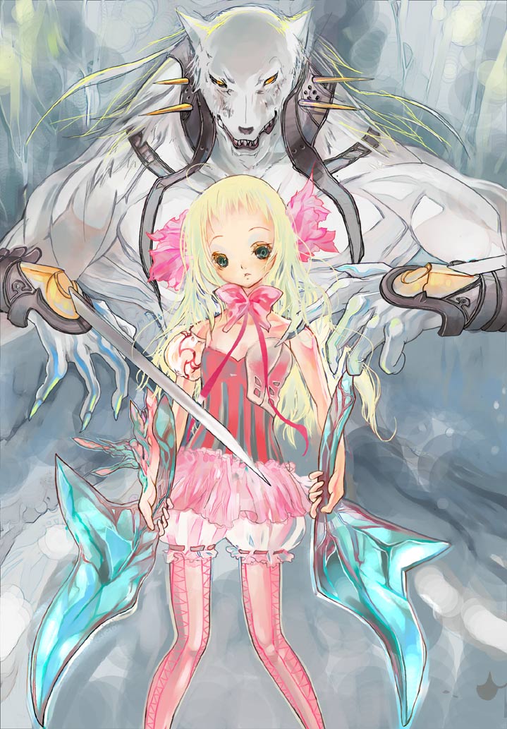 1 fps, original, 1boy, 1girl, belt, blonde hair, blush, brown eyes, buckle, cowboy shot, dress, frills, furry, furry male, head tilt, height difference, long hair, looking at viewer, monster, red dress, red thighhighs, robe, standing, sword, thighhighs, weapon, werewolf