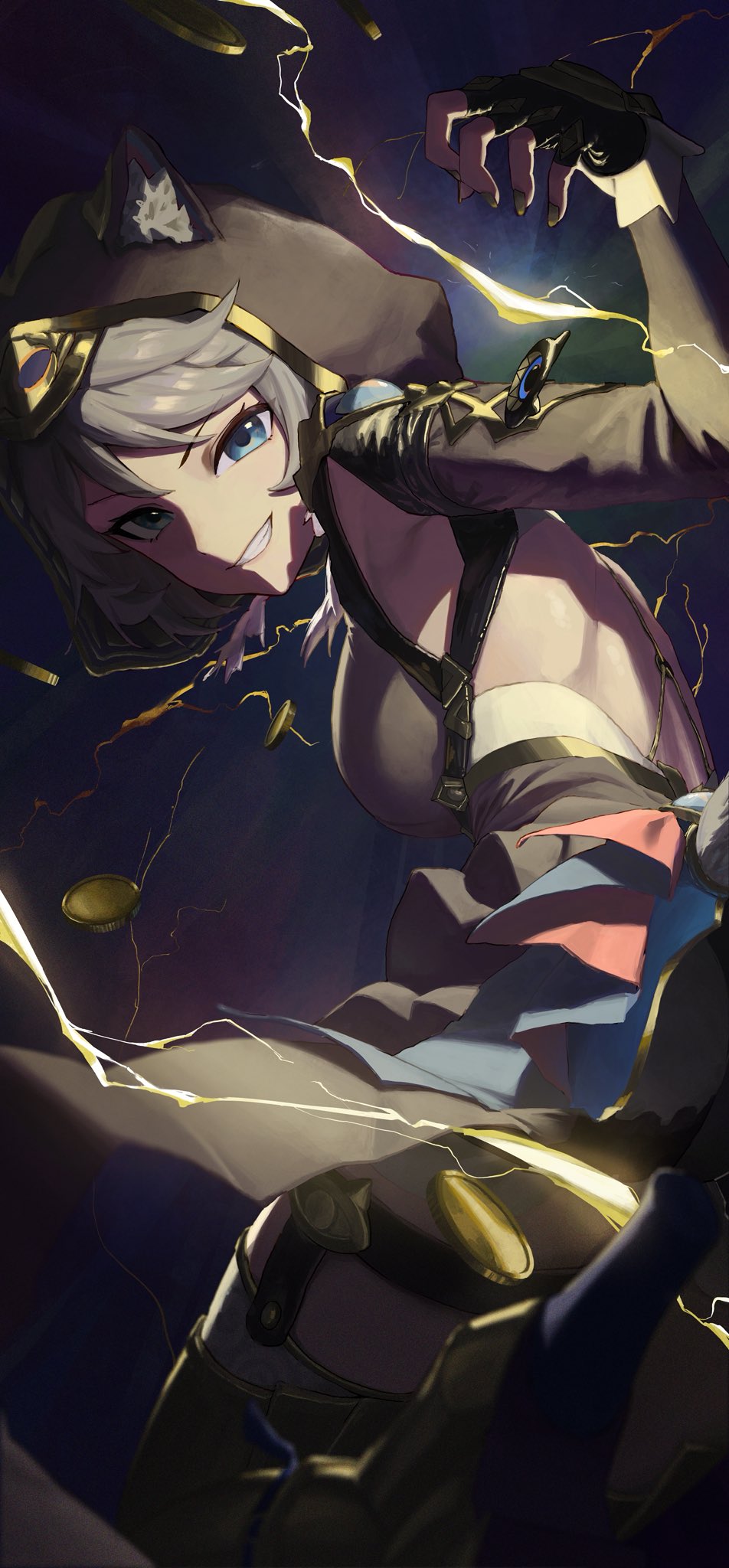 cipher (honkai: star rail), honkai: star rail, honkai (series), highres, 1girl, animal ear fluff, animal ears, armpit cutout, backless outfit, bare back, black gloves, blue eyes, cat ears, clothing cutout, electricity, fingerless gloves, gloves, grey hair, grin, hood, long sleeves, looking at viewer, smile, solo, yuu (yuu 7070)