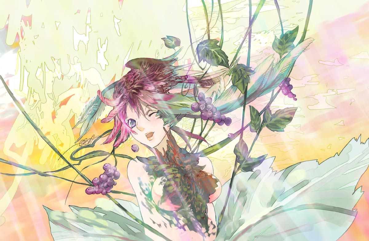1 fps, original, 1girl, ;d, blue eyes, blush, branch, breasts, brown hair, feathers, female focus, food, fruit, grapes, leaf, light rays, lips, one eye closed, open mouth, plant, short hair, sideboob, simple background, smile, solo, sunlight, upper body, vines, yellow background