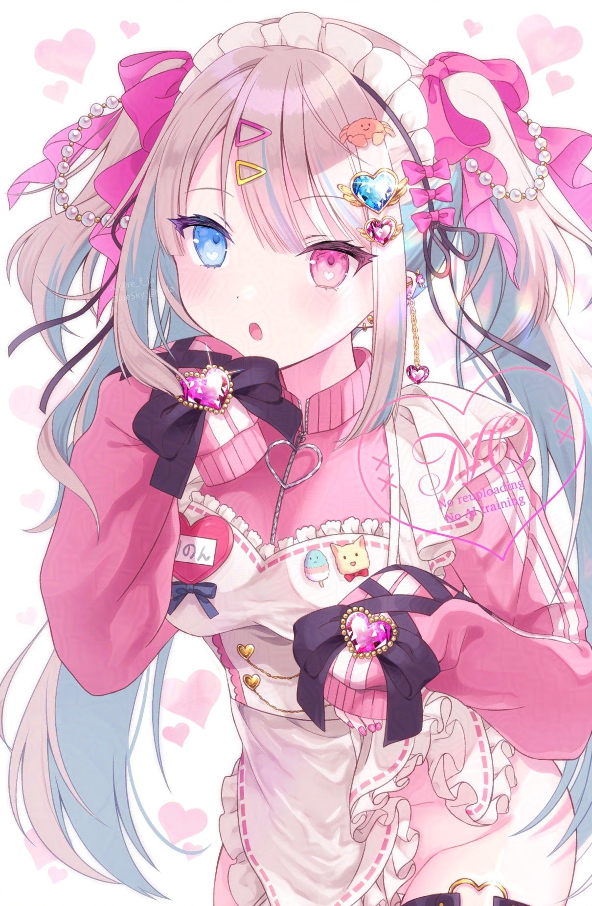 original, highres, 1girl, :o, apron, blue eyes, bow, hair ornament, heart, heart hair ornament, heterochromia, jacket, long hair, long sleeves, looking at viewer, maid, name tag, pink bow, pink eyes, pink jacket, re f la, sleeves past fingers, sleeves past wrists, solo, track jacket, twintails, unconventional maid, white apron