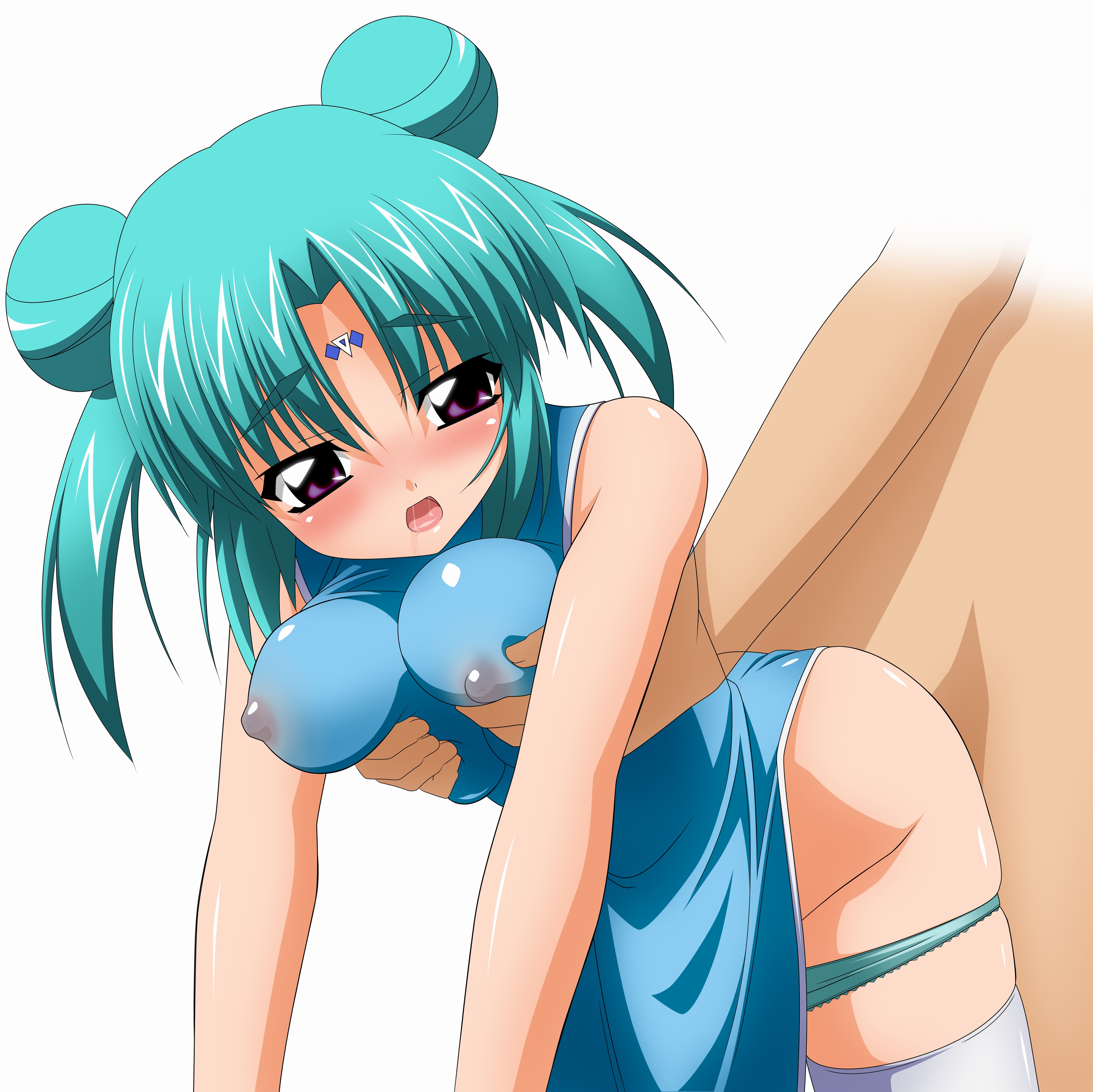sugimura tomokazu, canal vorfeed, lost universe, absurdres, highres, 1990s (style), 1girl, aqua hair, bare shoulders, blush, breasts, breasts squeezed together, china dress, chinese clothes, covered erect nipples, doggystyle, dress, from behind, grabbing another's breast, groping, lactation, lactation through clothes, large breasts, panties, panty pull, purple eyes, retro artstyle, saliva, sex, sex from behind, solo focus, thighhighs, underwear, white thighhighs