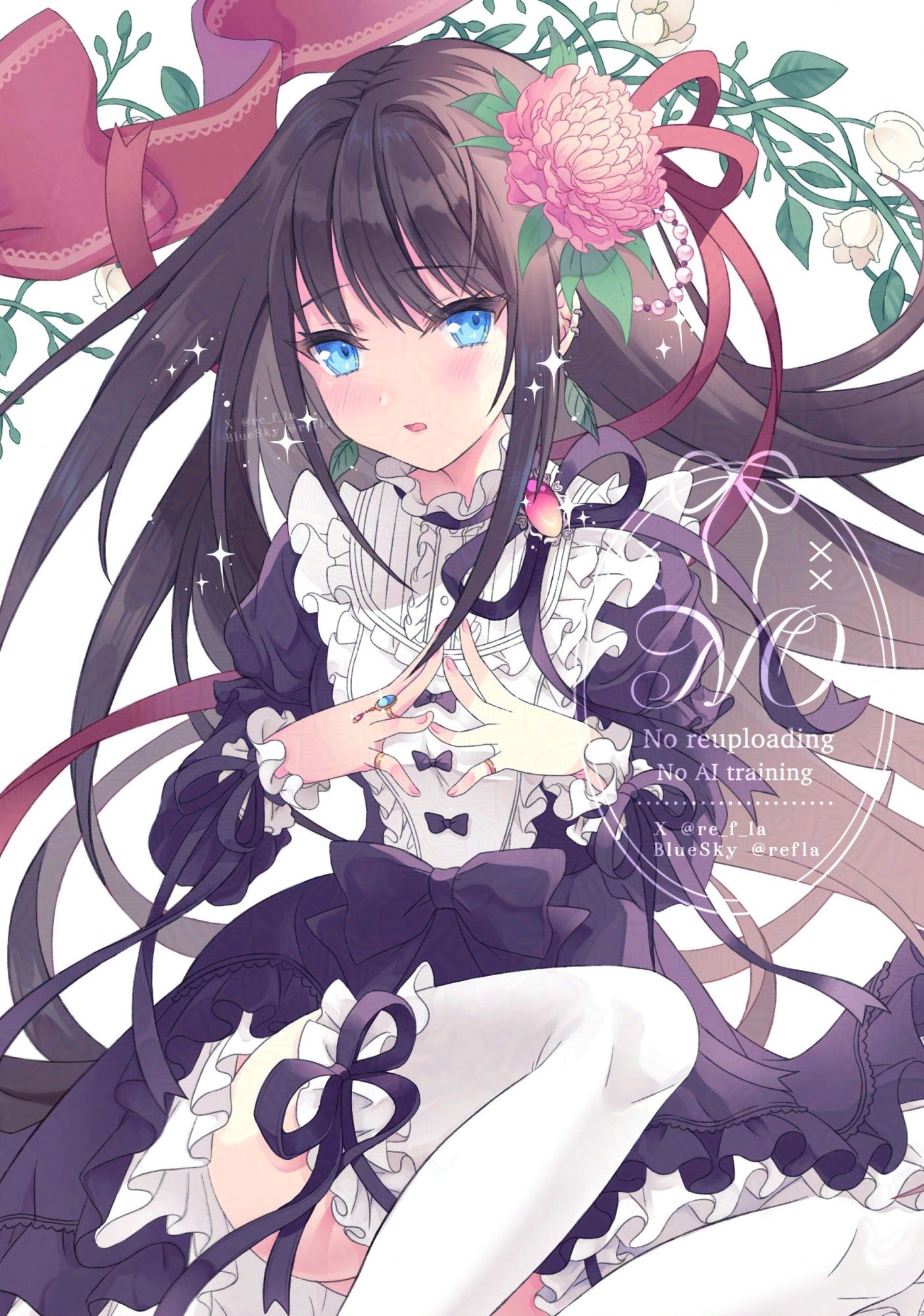 original, highres, 1girl, black bow, black dress, black hair, blue eyes, blush, bow, dress, flower, frilled thighhighs, frills, gem, hair flower, hair ornament, jewelry, lolita fashion, long hair, long sleeves, looking at viewer, open mouth, pink flower, puffy sleeves, re f la, ribbon, ring, solo, sparkle, steepled fingers, thighhighs, very long hair, watermark, white thighhighs