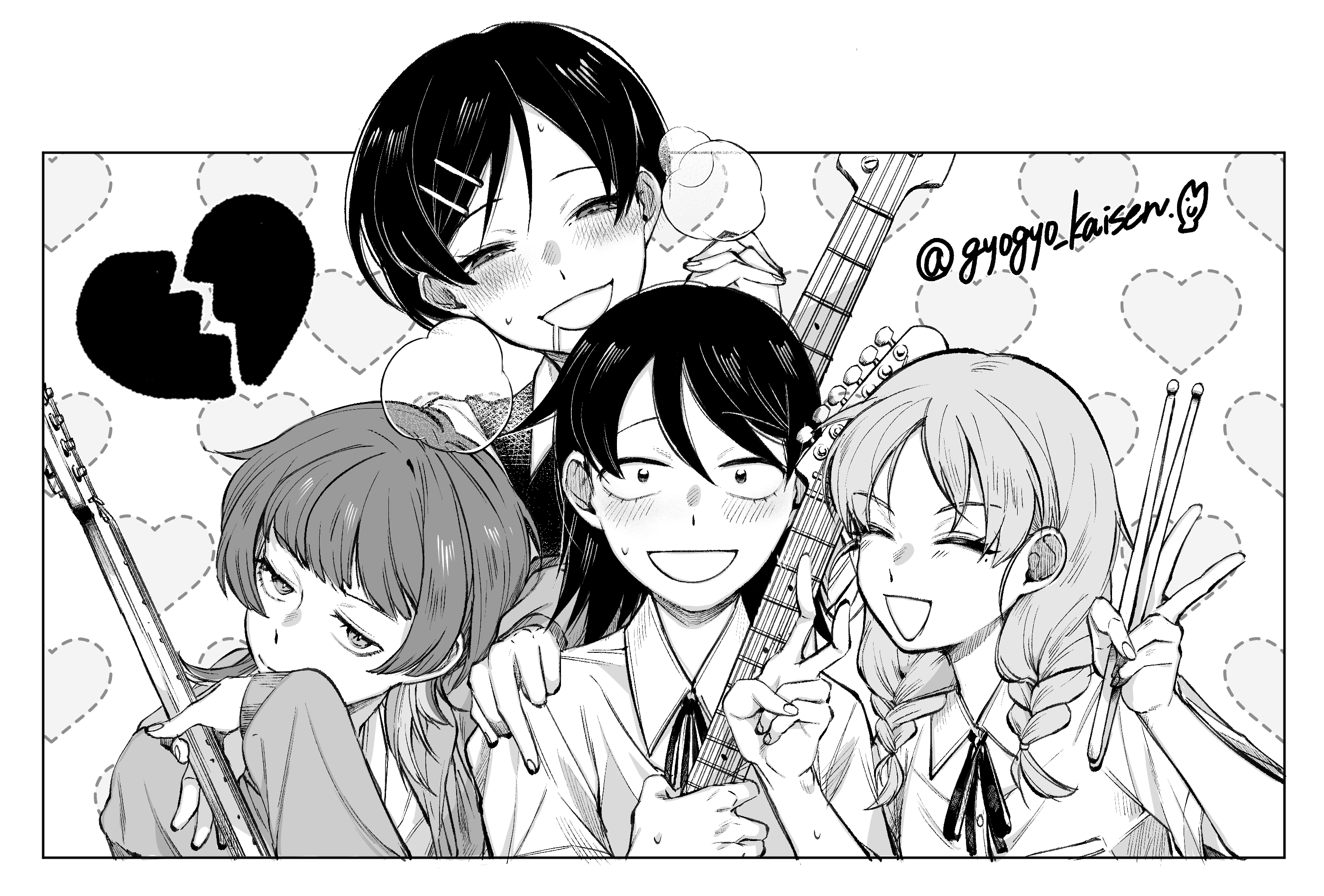 fujii ayame, hatono chihiro, heartbreak (futsuu no keion-bu), kouyama rin, uchida momo, futsuu no keion-bu, small pupils, commentary request, highres, 4girls, :d, ^ ^, bass guitar, behind another, blunt bangs, blush, braid, breast pocket, broken heart, closed eyes, collared shirt, dress shirt, drooling, drumsticks, electric guitar, greyscale, guitar, gyogyo kasien, hair ornament, hairpin, half-closed eyes, hand up, heart, holding, holding drumsticks, holding guitar, holding instrument, instrument, jacket, jitome, long hair, looking at viewer, lovestruck, medium hair, middle finger, mole, mole under eye, monochrome, mouth drool, multicolored hair, multiple girls, neck ribbon, open clothes, open jacket, open mouth, own hands clasped, own hands together, parted bangs, pixie cut, pocket, ribbon, school uniform, shirt, short hair, short sleeves, smile, steam, sweater vest, twin braids, twintails, twitter username, two-tone hair, upper body, v, white background, wing collar, wolf cut