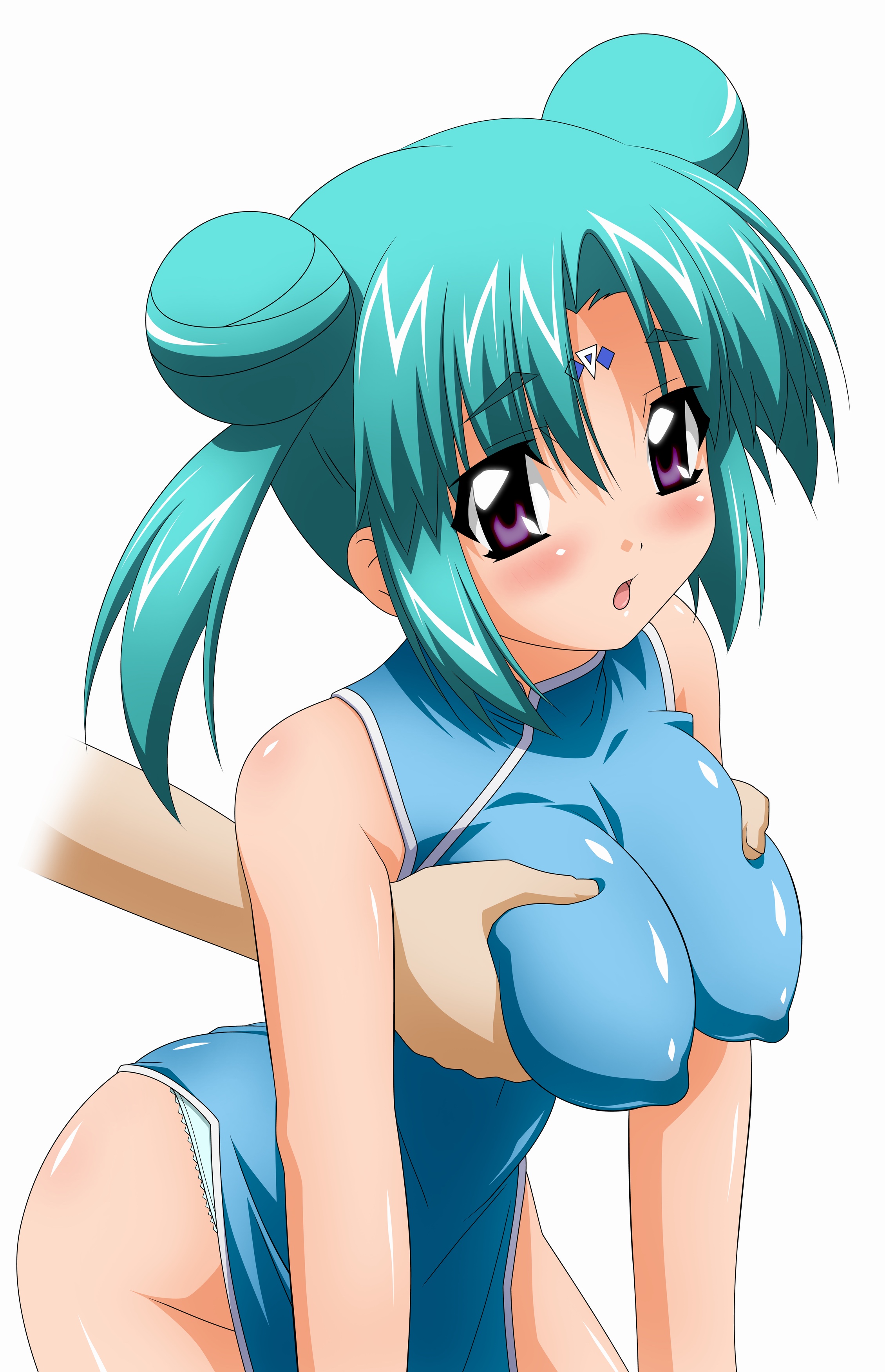 sugimura tomokazu, canal vorfeed, lost universe, absurdres, highres, 1990s (style), 1girl, aqua hair, bare shoulders, blush, breasts, china dress, chinese clothes, covered erect nipples, dress, embarrassed, grabbing another's breast, groping, large breasts, purple eyes, retro artstyle, solo focus