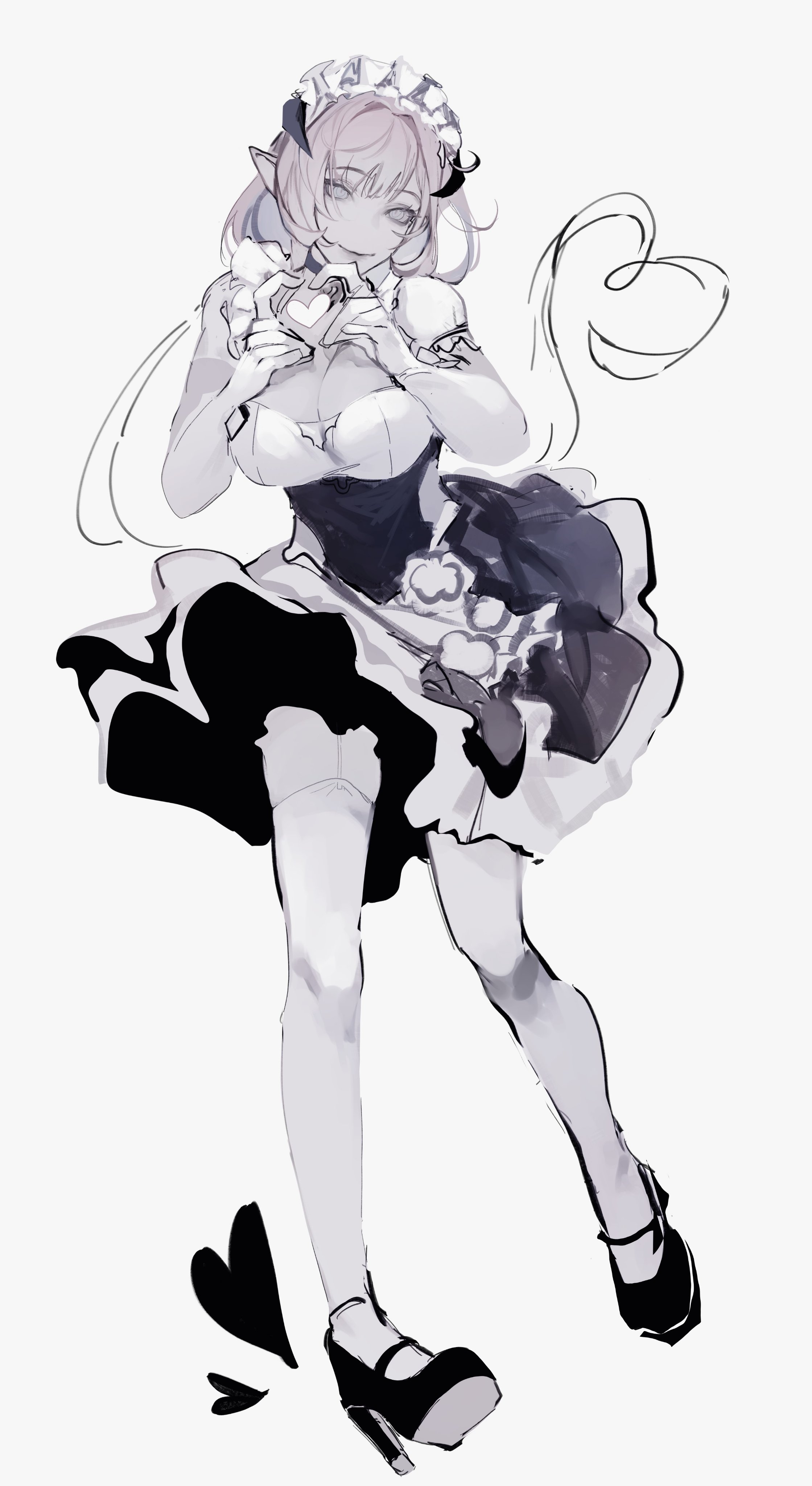 lynune, elysia (honkai impact), elysia (miss pink) (honkai impact), elysia (miss pink elf) (honkai impact), honkai (series), honkai impact 3rd, absurdres, commentary, english commentary, highres, 1girl, breasts, cleavage, dress, elf, fake horns, four-finger heart hands, gloves, greyscale, heart, heart hands, high heels, horns, large breasts, long hair, maid, maid headdress, monochrome, official alternate costume, pointy ears, smile, solo, thighhighs, thighs, very long hair