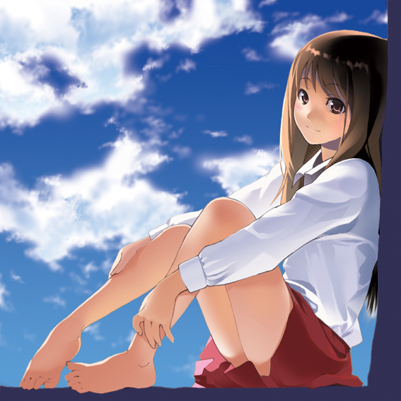 wakaba sprout, original, 1girl, against wall, barefoot, brown eyes, brown hair, cloud, day, dress shirt, feet, female focus, legs, long hair, miniskirt, outdoors, shirt, sitting, skirt, sky, smile, solo