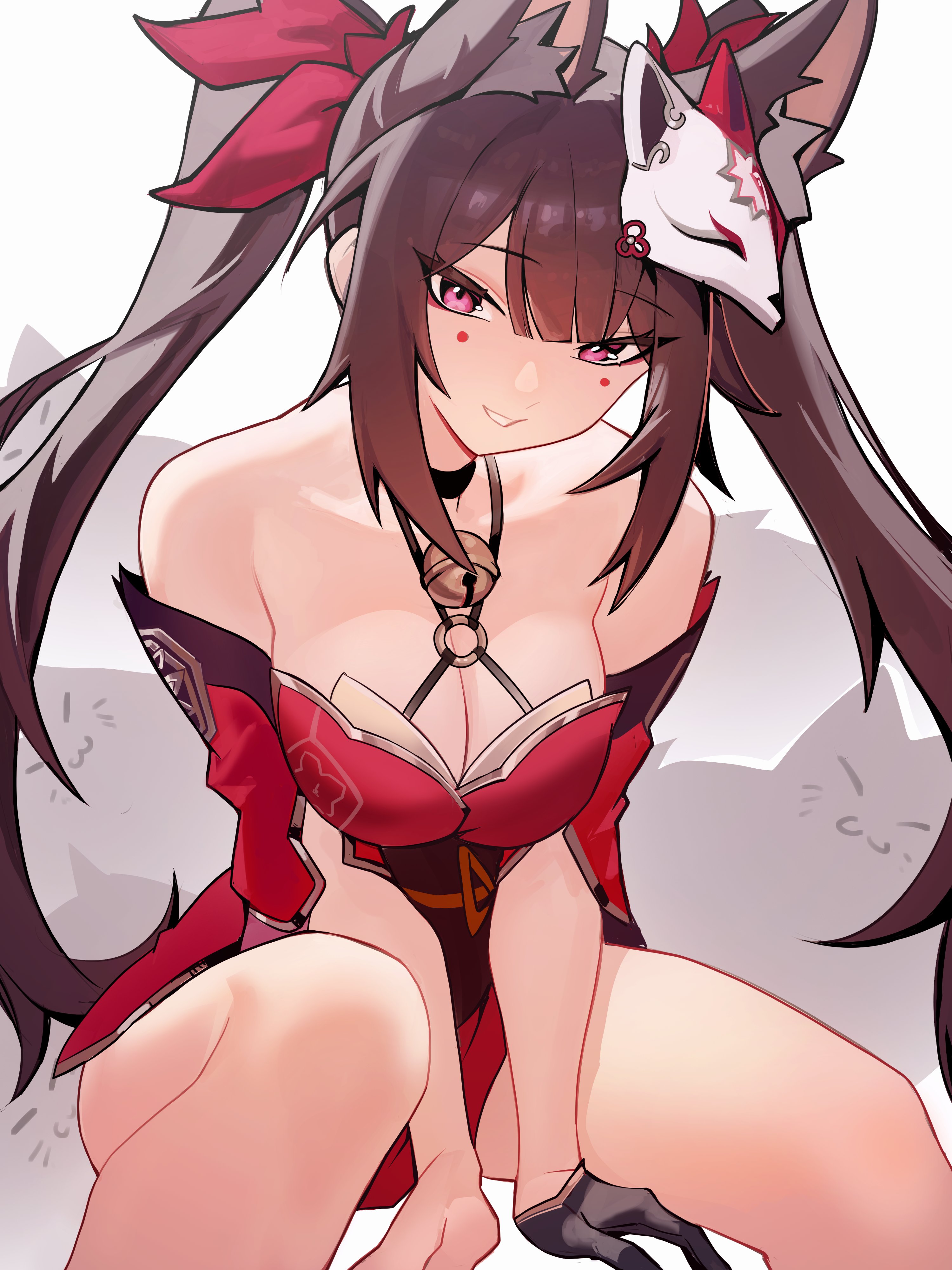 distr, sparkle (honkai: star rail), honkai: star rail, honkai (series), absurdres, alt text, highres, 1girl, animal ears, bare shoulders, bell, black gloves, breasts, brown hair, cleavage, dress, fox ears, fox mask, fox tail, gloves, japanese clothes, large breasts, long hair, mask, mask on head, neck bell, parted lips, purple eyes, red dress, single glove, smile, solo, tail, thighs, twintails, white background