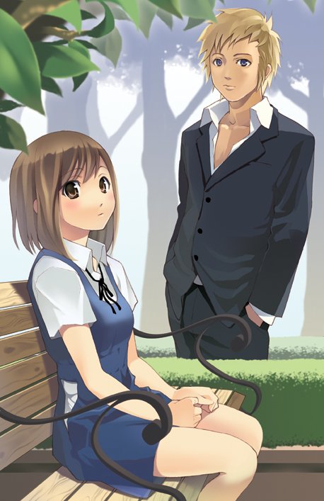 wakaba sprout, original, bad id, bad pixiv id, 1boy, 1girl, bench, blonde hair, brown eyes, brown hair, dress, formal clothes, hands in pockets, looking at viewer, short hair, sitting, suit, tree