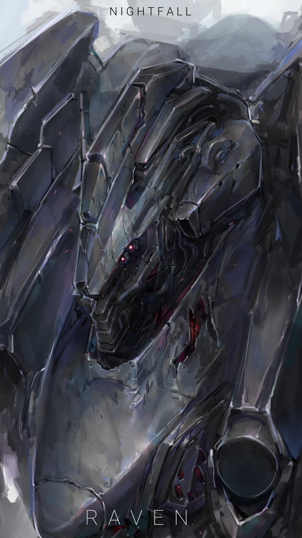 nameno92372763, raven (armored core vi), armored core, armored core vi: fires of rubicon, highres, 1other, character name, damaged, glowing, glowing eye, mecha, other focus, robot, upper body