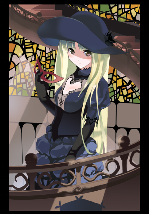wakaba sprout, blonde hair, domino mask, elbow gloves, gloves, hat, lace, long hair, mask, stained glass, stairs, unworn mask