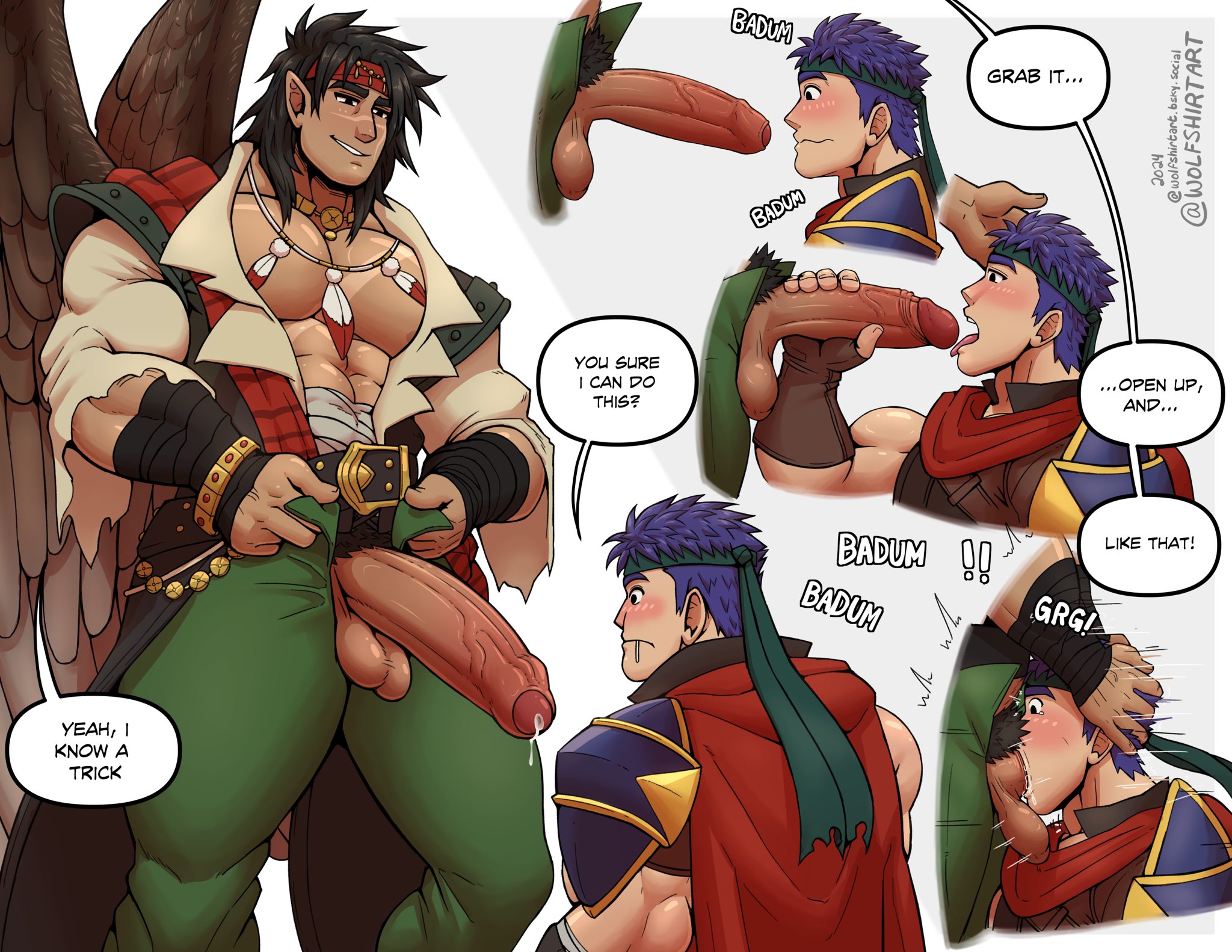 wolfshirtart, ike (fire emblem), tibarn (fire emblem), tibarn (pirate) (fire emblem), fire emblem, fire emblem: radiant dawn, fire emblem heroes, nintendo, commentary, english commentary, highres, 2024, 2boys, abs, armor, bara, bare pectorals, black hair, blue hair, bluesky username, blush, cape, english text, feather necklace, feathered wings, fellatio, foreskin, headband, imminent fellatio, jewelry, large pectorals, large penis, male focus, male pubic hair, multiple boys, multiple views, muscular, muscular male, necklace, open mouth, oral, pauldrons, pectorals, penis, penis out, pointy ears, pubic hair, red cape, scar, scar on chest, scar on face, short hair, shoulder armor, single pauldron, sound effects, speech bubble, testicles, tongue, twitter username, wings, yaoi