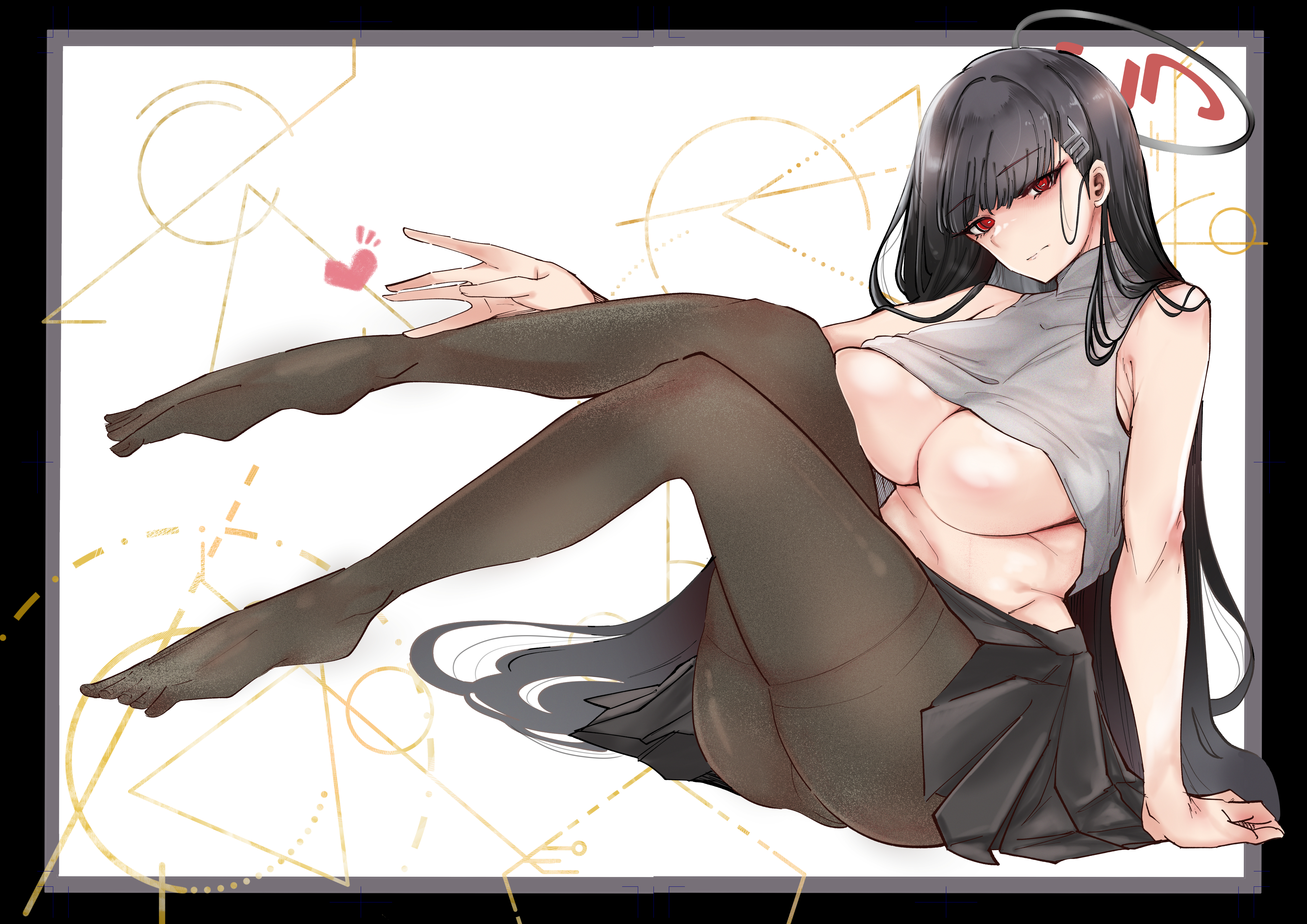kanikoro8, rio (blue archive), blue archive, absurdres, commentary request, highres, 1girl, ass, bare shoulders, black hair, black pantyhose, black skirt, breasts, hair ornament, hairclip, halo, large breasts, long hair, looking at viewer, midriff, pantyhose, pleated skirt, red eyes, sitting, skirt, sleeveless, solo, underboob, very long hair