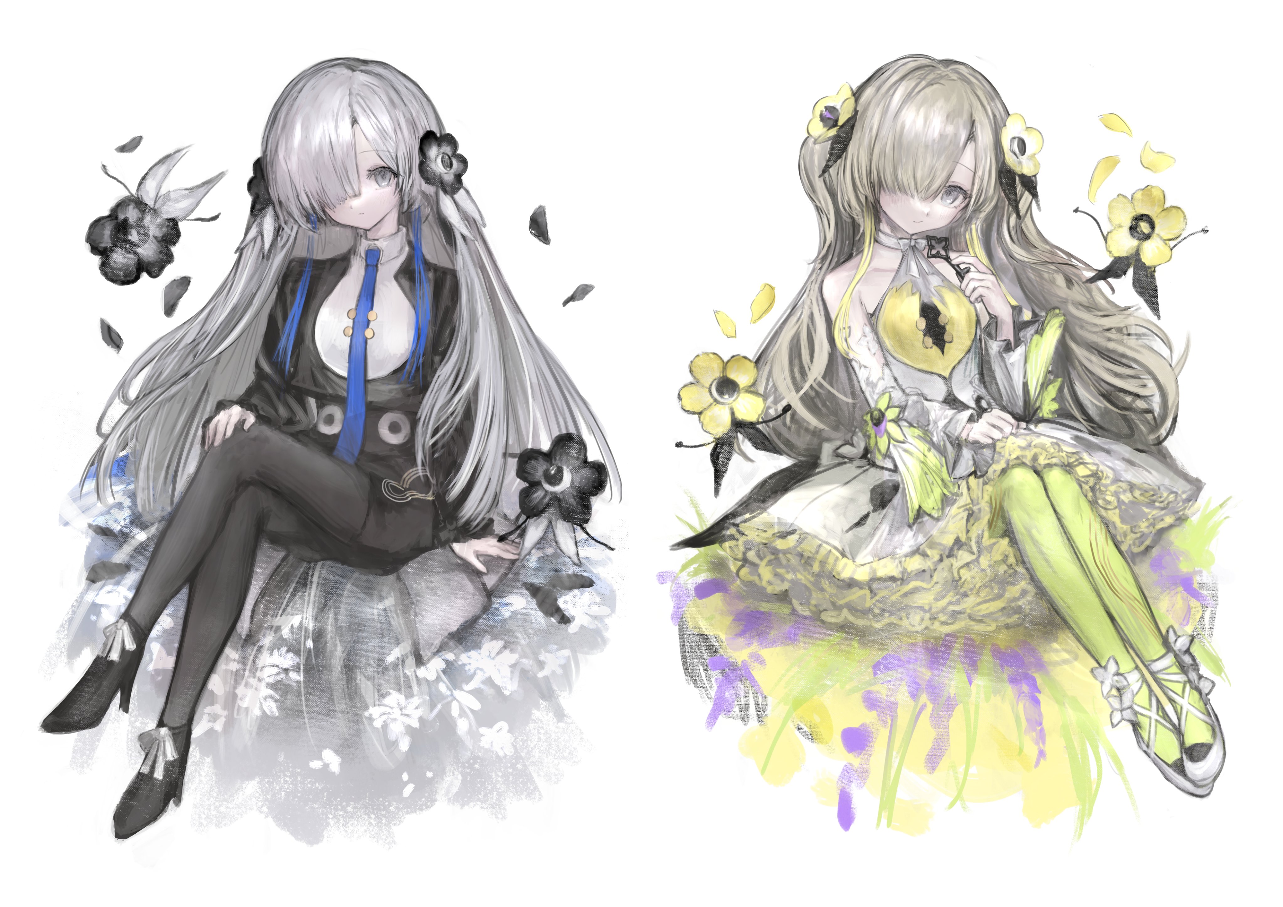 tsuyumikan, isekaijoucho, kamitsubaki studio, absurdres, highres, 2girls, alternate costume, anemone (flower), black boots, black flower, black jacket, black pantyhose, blue necktie, boots, choker, closed mouth, crossed legs, dress, dual persona, expressionless, flower, full body, grey eyes, grey hair, hair over one eye, halter dress, halterneck, high-waist shorts, high heel boots, high heels, jacket, long hair, long sleeves, looking at viewer, multiple girls, necktie, pantyhose, petals, petticoat, shoes, shorts, sidelocks, simple background, sleeveless, sleeveless dress, two side up, virtual youtuber, white background, white choker, white dress, yellow flower, yellow pantyhose, yellow shoes