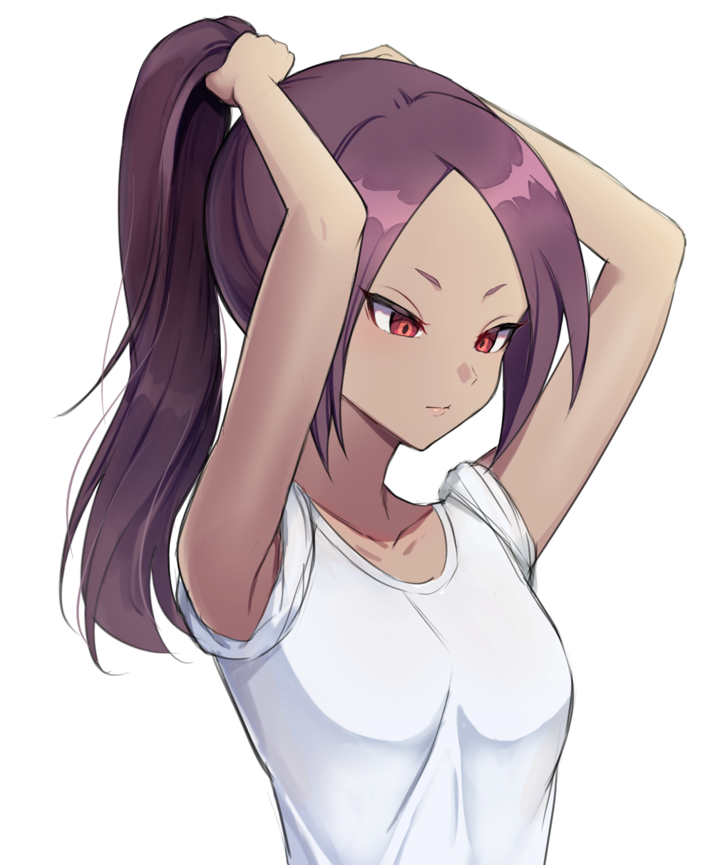 haniwa (8241427), inazuma eleven (series), character request, highres, 1girl, bare arms, closed mouth, dark-skinned female, dark skin, expressionless, high ponytail, looking down, parted bangs, ponytail, purple hair, red eyes, shirt, simple background, sleeves rolled up, solo, tsurime, tying hair, upper body, white background, white shirt