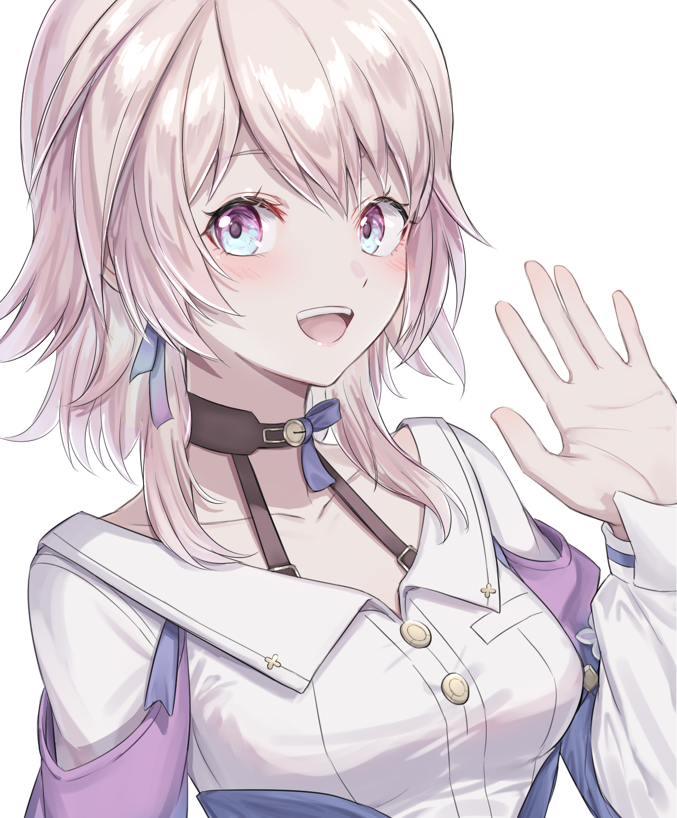 haniwa (8241427), march 7th (honkai: star rail), honkai: star rail, honkai (series), highres, 1girl, :d, arm around waist, black choker, blue eyes, blush, breast pocket, choker, collarbone, dress shirt, hair ribbon, long sleeves, looking at viewer, medium hair, open mouth, pink hair, pocket, purple ribbon, ribbon, shirt, sidelocks, simple background, smile, solo, upper body, white background, white shirt