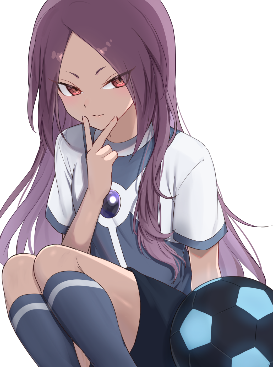 haniwa (8241427), inazuma eleven, inazuma eleven (series), character request, highres, 1girl, ball, black shorts, closed mouth, dark-skinned female, dark skin, grey shirt, grey socks, kneehighs, long hair, looking at viewer, parted bangs, purple hair, red eyes, shirt, short sleeves, shorts, simple background, soccer ball, soccer uniform, socks, solo, sportswear, straight hair, tsurime, two-tone shirt, very long hair, white background, white shirt