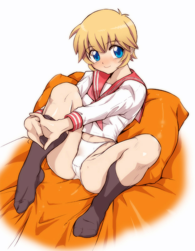 ez6, patricia martin, lucky star, 00s, 1girl, blonde hair, blue eyes, blush, female focus, highleg, highleg panties, kneehighs, no pants, no shoes, own hands clasped, own hands together, panties, pillow, school uniform, serafuku, short hair, smile, socks, solo, spread legs, underwear