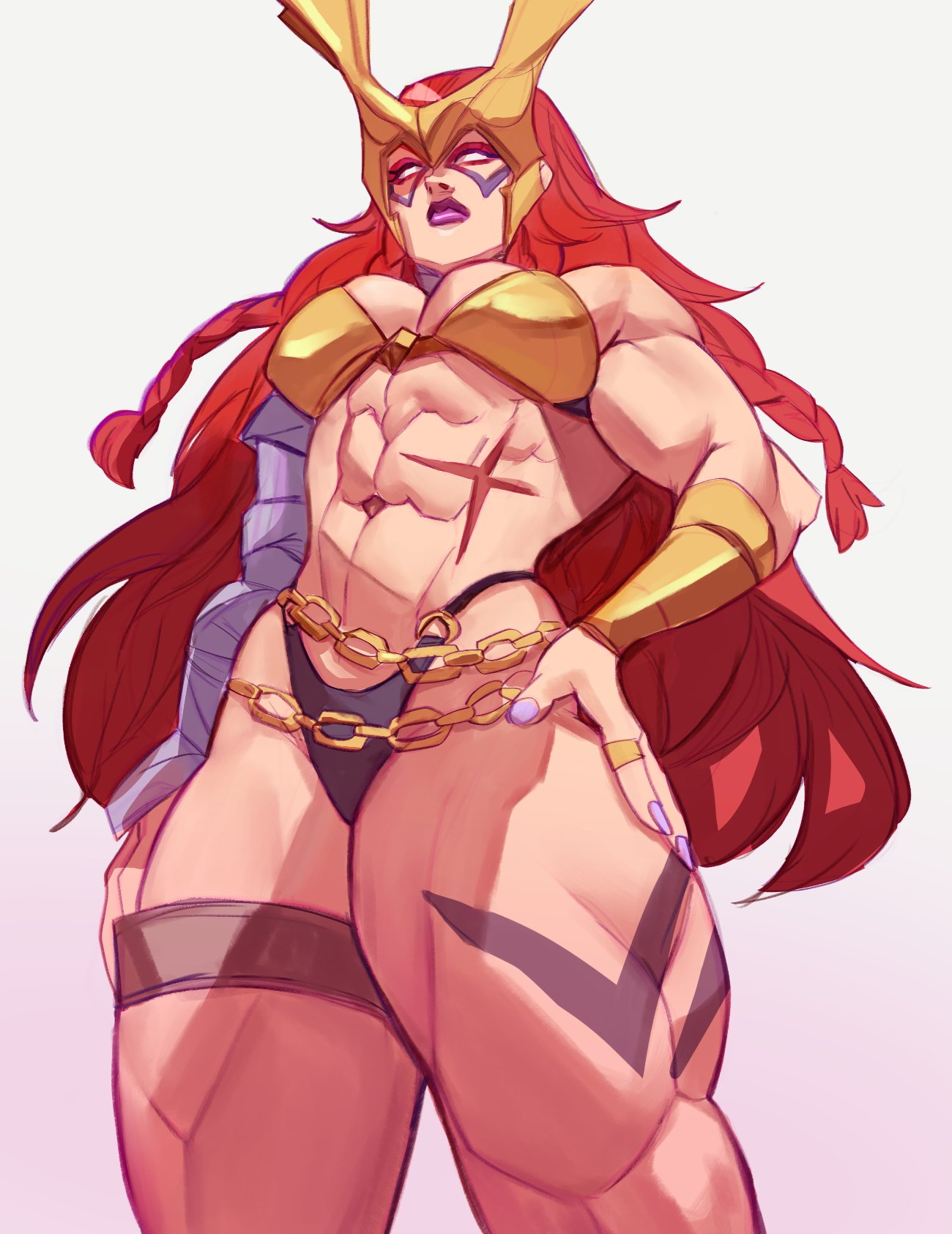 dlusional, marvel, marvel rivals, highres, 1girl, abs, angela (marvel), bodypaint, breasts, large breasts, long hair, looking at viewer, metal bra, muscular, muscular female, navel, red hair, scar, scar on stomach, solo, thor (marvel) (series), underwear