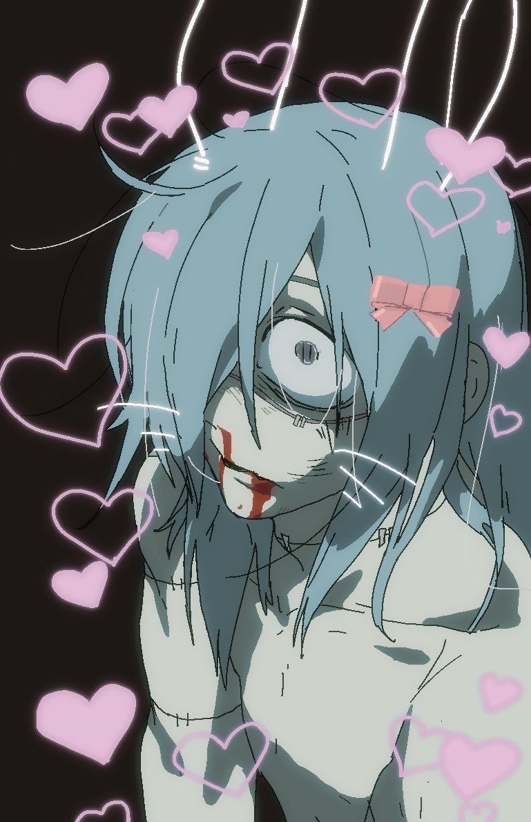 mahito (jujutsu kaisen), jujutsu kaisen, 1boy, blood, blood from mouth, blue hair, collarbone, drawn ears, drawn heart, drawn whiskers, hair over one eye, heart, kkrmcmc, long hair, male focus, messy hair, nosebleed, pale skin, scared, simple background, solo, stitched arm, stitched face, stitched neck, stitches
