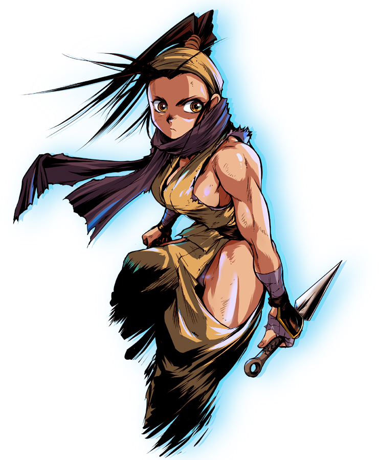 ez6, ibuki (street fighter), capcom, street fighter, street fighter iii (series), 1girl, breasts, clothing cutout, female focus, gloves, hair slicked back, hip vent, kunai, medium breasts, muscular, muscular female, ninja, ponytail, scarf, sideboob, solo, toned, weapon