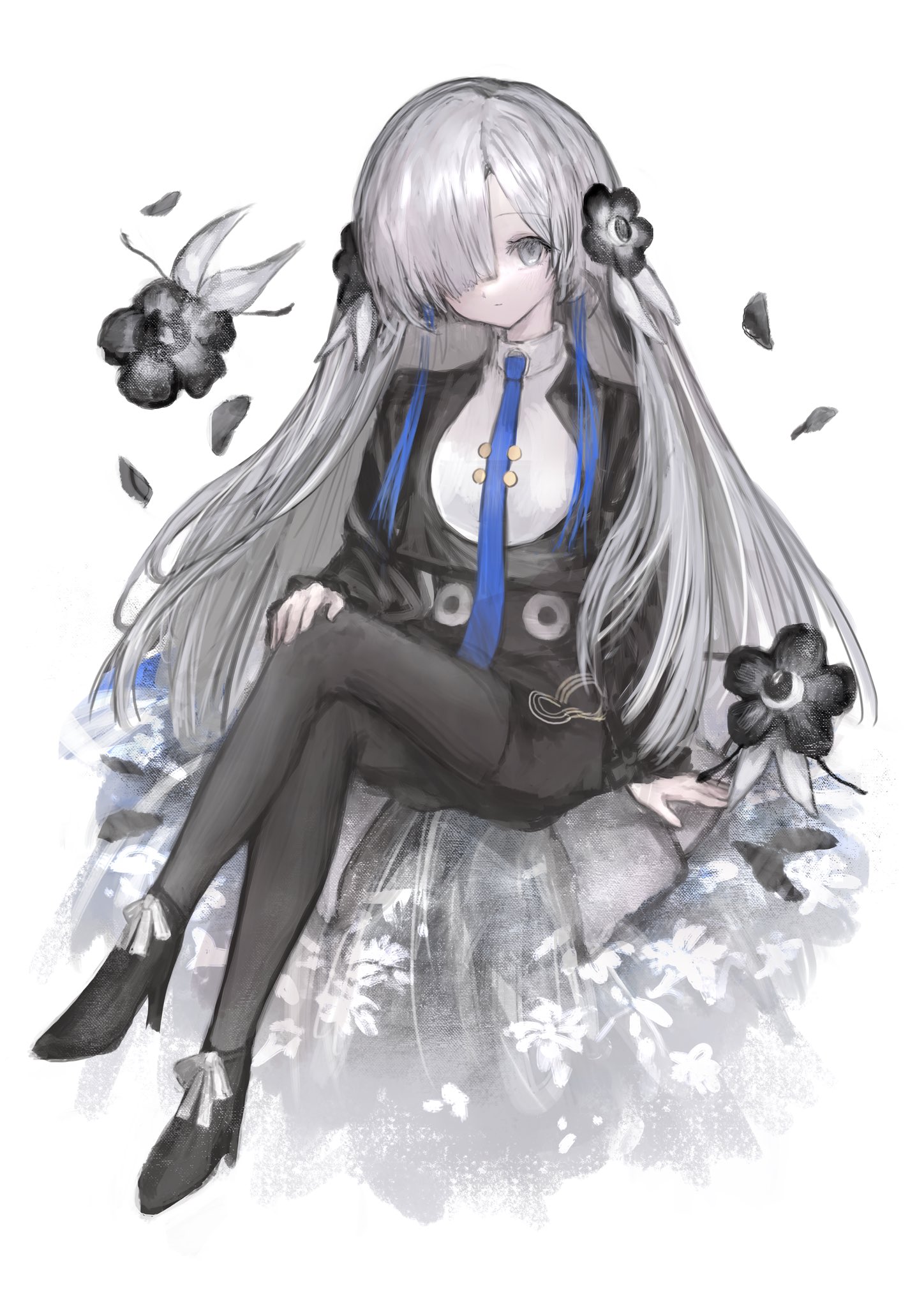 tsuyumikan, isekaijoucho, indie virtual youtuber, kamitsubaki studio, highres, 1girl, anemone (flower), ankle boots, black boots, black flower, black jacket, black pantyhose, black shorts, blue necktie, boots, closed mouth, crossed legs, expressionless, flower, full body, grey eyes, grey hair, hair flower, hair ornament, hair over one eye, high-waist shorts, high heel boots, high heels, jacket, long hair, looking at viewer, necktie, pantyhose, shorts, sidelocks, simple background, sitting, solo, white background