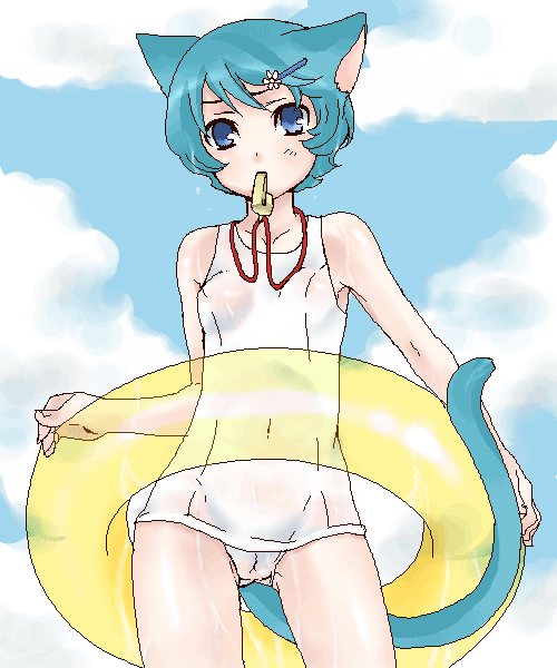 kamille bidan, gundam, zeta gundam, 1girl, animal ears, blue eyes, blue hair, cameltoe, cat ears, cat tail, cloud, day, female focus, genderswap, genderswap (mtf), hair ornament, hairclip, innertube, matching hair/eyes, one-piece swimsuit, outdoors, school swimsuit, short hair, sky, solo, swim ring, swimsuit, tail, whistle, white one-piece swimsuit, white school swimsuit