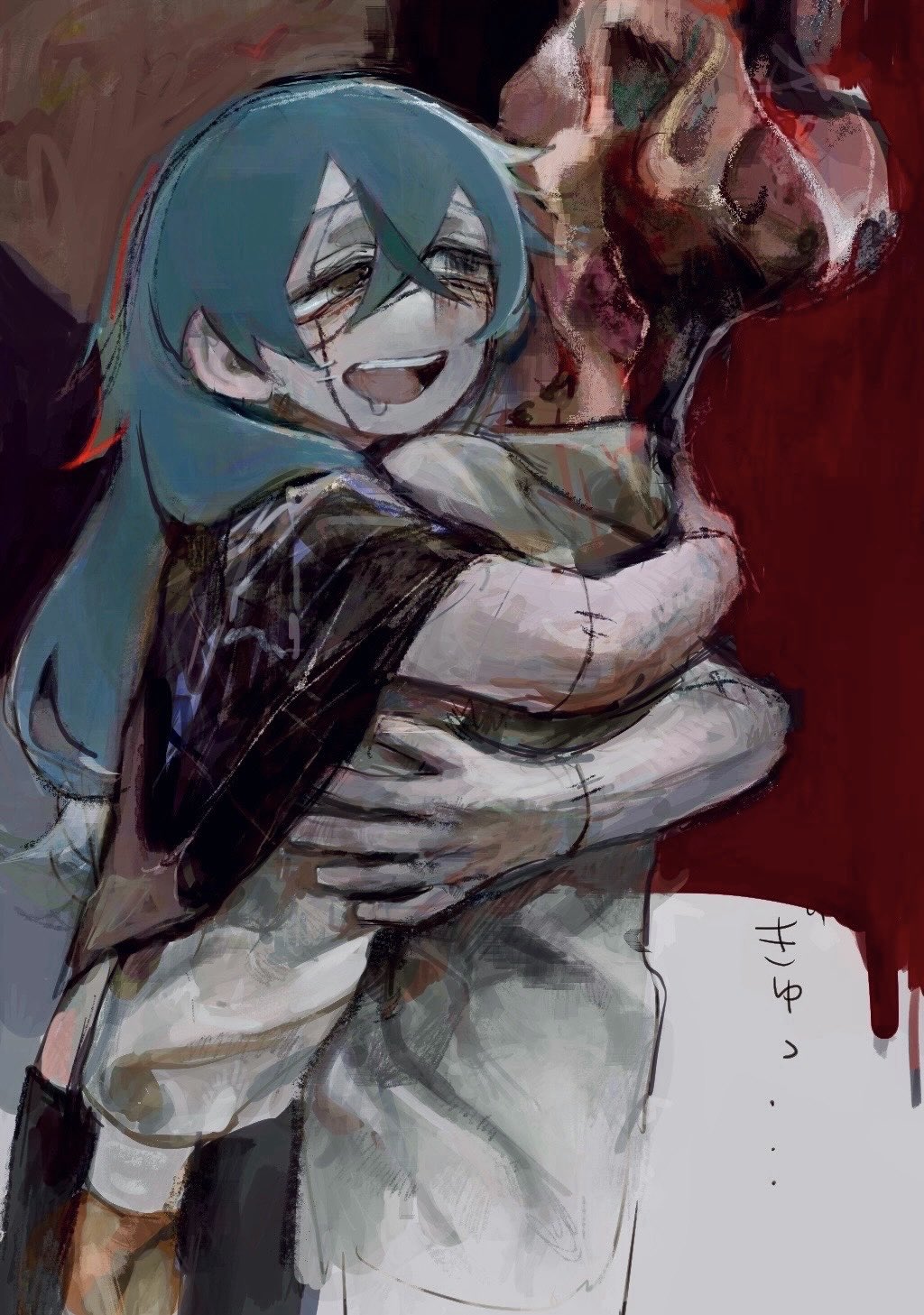 mahito (jujutsu kaisen), jujutsu kaisen, highres, blue hair, burnt face, corpse, crossed bangs, drooling, hair between eyes, heterochromia, hug, kkrmcmc, long hair, melting, mouth drool, smile, stitched arm, stitched face, stitched neck, stitches, upper body