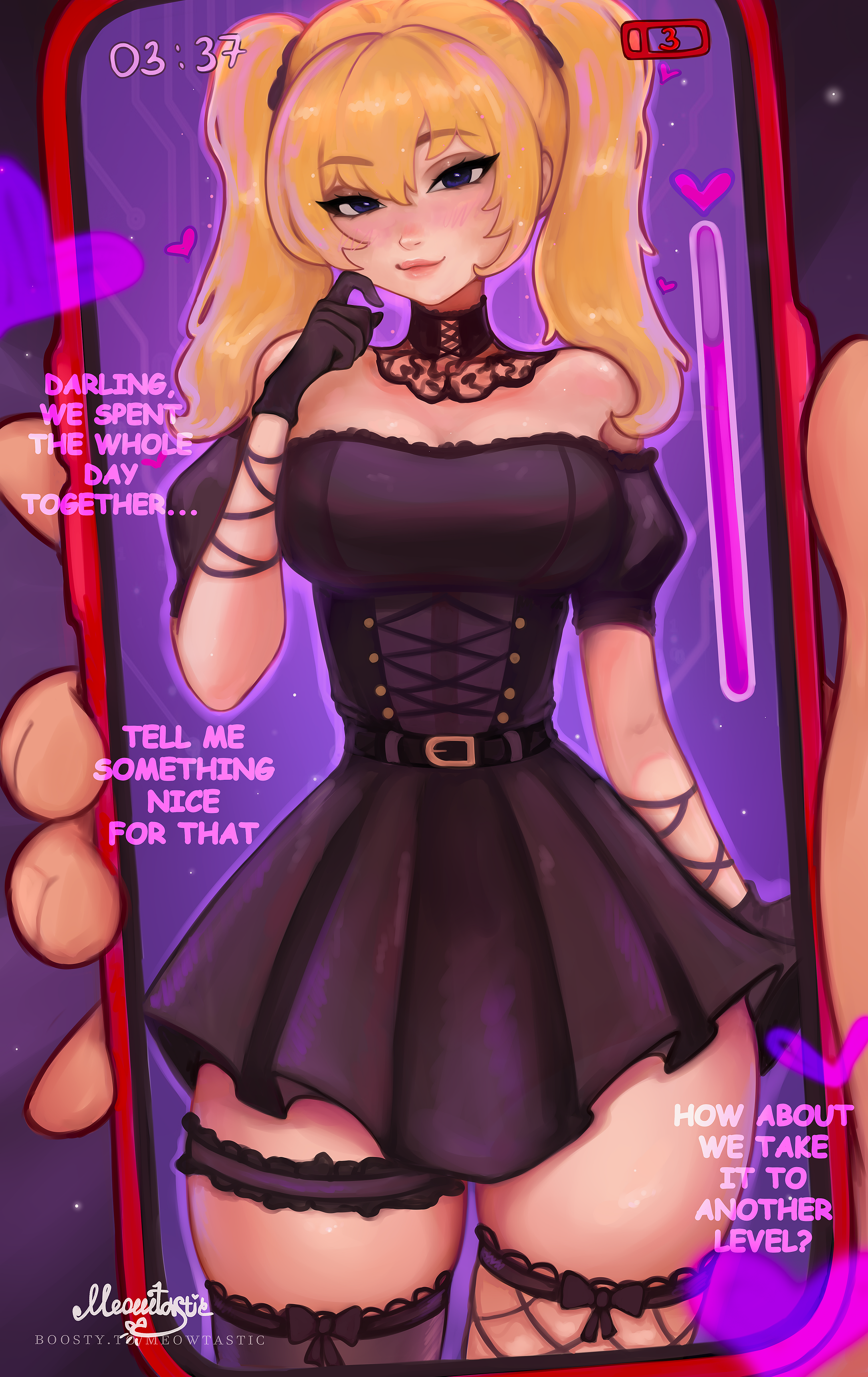 meowtastic, ani (xai), grok (xai), absurdres, highres, 1girl, bare shoulders, black choker, black dress, black thighhighs, blonde hair, blush, breasts, cellphone, choker, dress, english text, eyelashes, hair ribbon, hands up, light smile, long hair, medium breasts, microdress, naughty face, off-shoulder dress, off shoulder, phone, purple eyes, ribbon, side ponytail, skirt, smile, solo, thighhighs, thighs