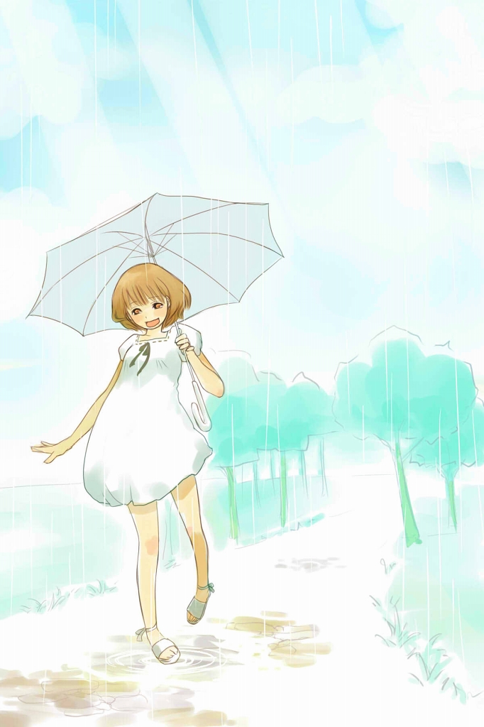 hebi hachi, brown hair, dress, happy, rain, ripples, short hair, solo, umbrella