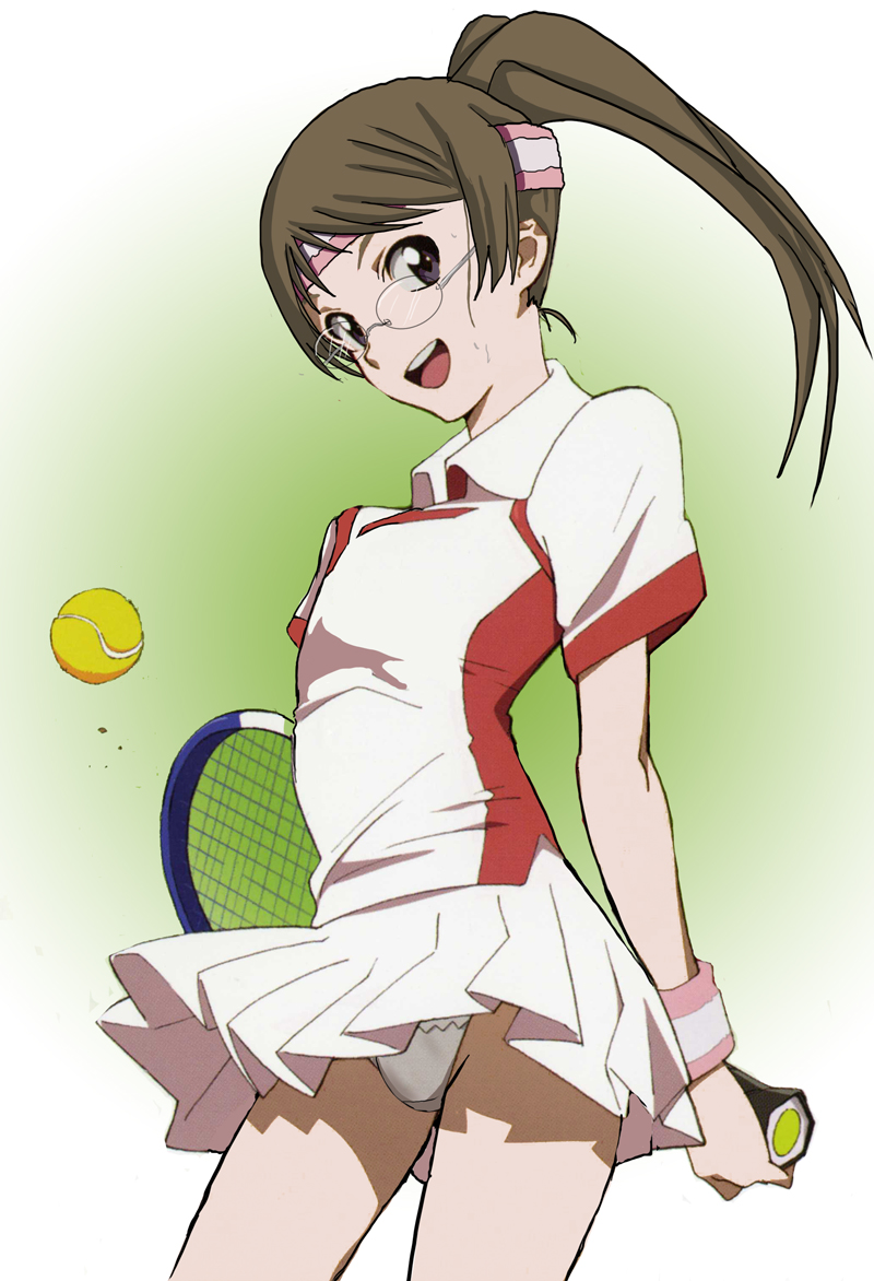 billy katagiri, gundam, gundam 00, tengen toppa gurren lagann, third-party edit, brown hair, crossdressing, crossdressing (mtf), glasses, grey eyes, headband, long hair, male focus, panties, parody, ponytail, racket, skirt, solo, tennis, tennis racket, underwear, white panties, wristband
