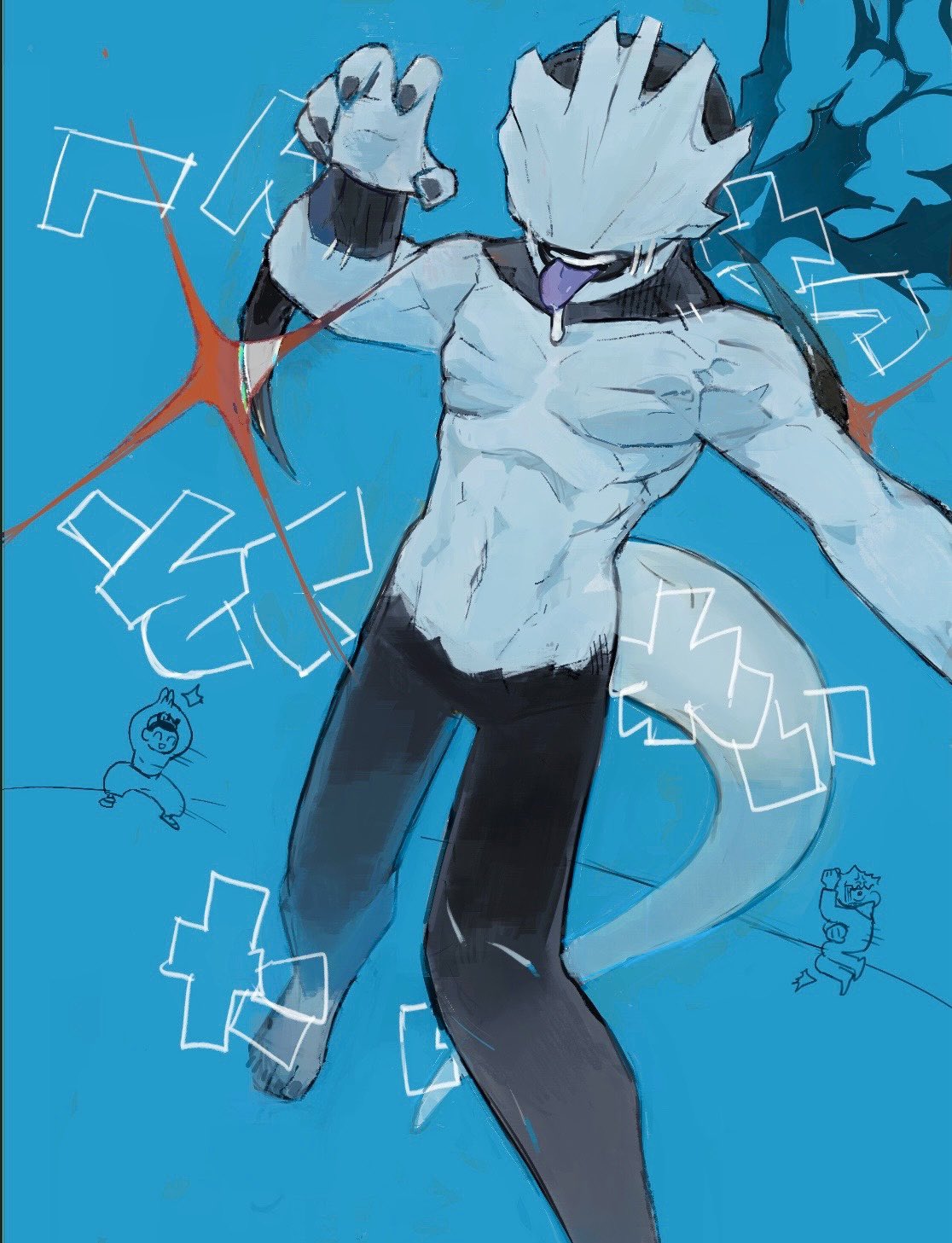 itadori yuuji, toudou aoi (jujutsu kaisen), jujutsu kaisen, highres, alternate form, black nails, blue background, blue hair, claw pose, heterochromia, kkrmcmc, mahito (instant spirit body of distorted killing) (jujutsu kaisen), navel, pale skin, sketch, stitched arm, stitched face, stitched neck, stitches, tail