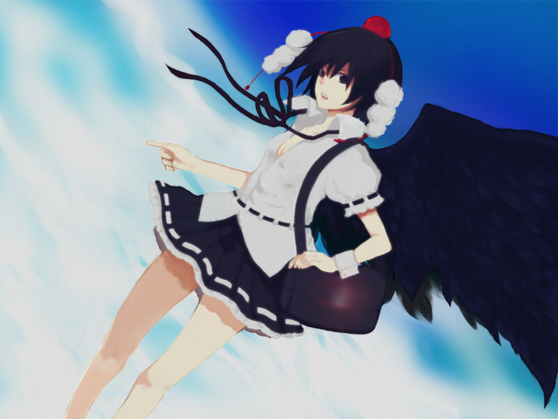 harano, shameimaru aya, touhou, bad id, bad pixiv id, 1girl, bag, black hair, black wings, expressionless, female focus, flying, hat, looking at viewer, open mouth, short hair, solo, wings