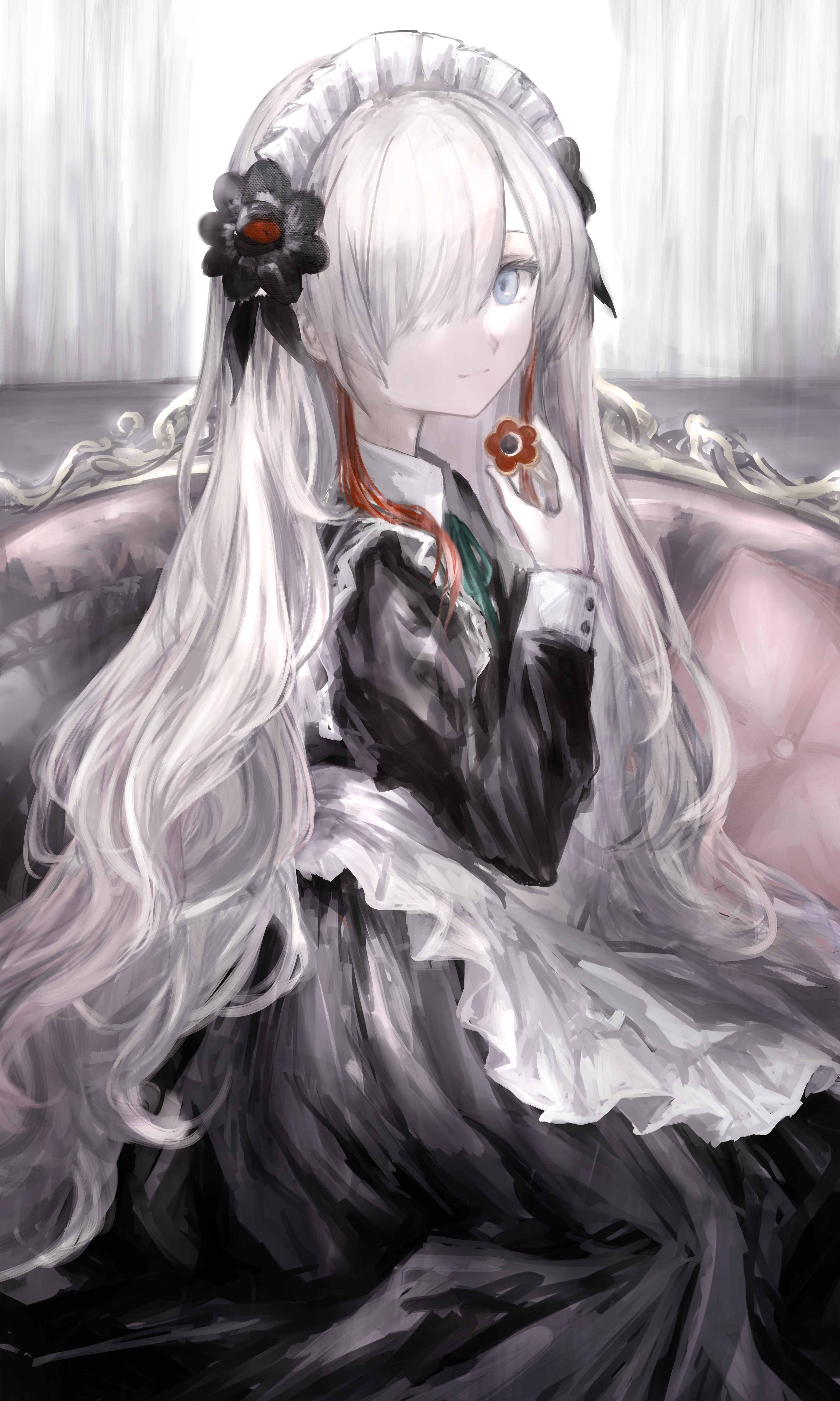tsuyumikan, isekaijoucho, kamitsubaki studio, absurdres, highres, 1girl, alternate costume, apron, black dress, black flower, blue eyes, closed mouth, collared dress, dress, flower, frilled apron, frills, grey hair, hair flower, hair ornament, hair over one eye, light smile, long hair, long sleeves, looking at viewer, maid, maid apron, maid headdress, sidelocks, sleeve cuffs, solo, virtual youtuber, white apron, white headdress, white sleeve cuffs