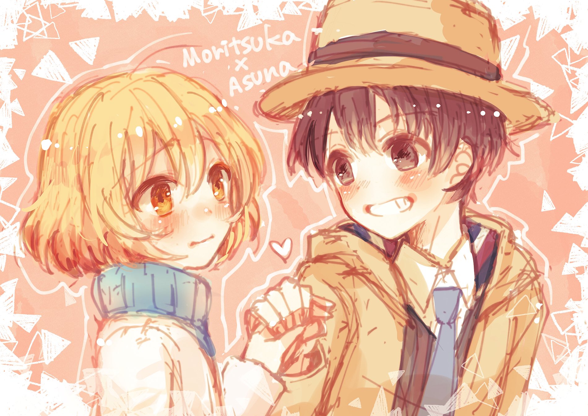 moritsuka shun, occultic;nine, science adventure, highres, 1boy, 1girl, ahoge, black hair, blonde hair, blue sweater, blush, coat, eye contact, fedora, grin, hand grab, hat, kisaki asuna, looking at another, looking at viewer, ribbed sweater, short hair, smile, sweater, yellow eyes, yuchika sr