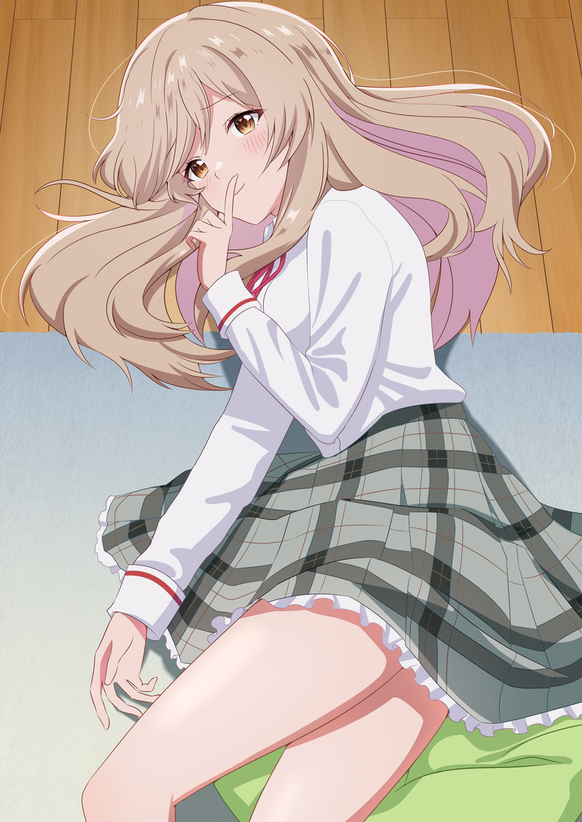 yutsuki warabi, sena ajisai, watashi ga koibito ni nareru wake naijan murimuri!, commentary request, derivative work, highres, 1girl, ashigaya high school uniform, blush, brown eyes, brown hair, closed mouth, colored inner hair, feet out of frame, finger to mouth, grey skirt, hand up, index finger raised, long sleeves, lying, multicolored hair, neck ribbon, on side, plaid clothes, plaid skirt, pleated skirt, purple hair, red ribbon, ribbon, school uniform, shirt, shushing, skirt, smile, solo, two-tone hair, wavy hair, white shirt, wooden floor