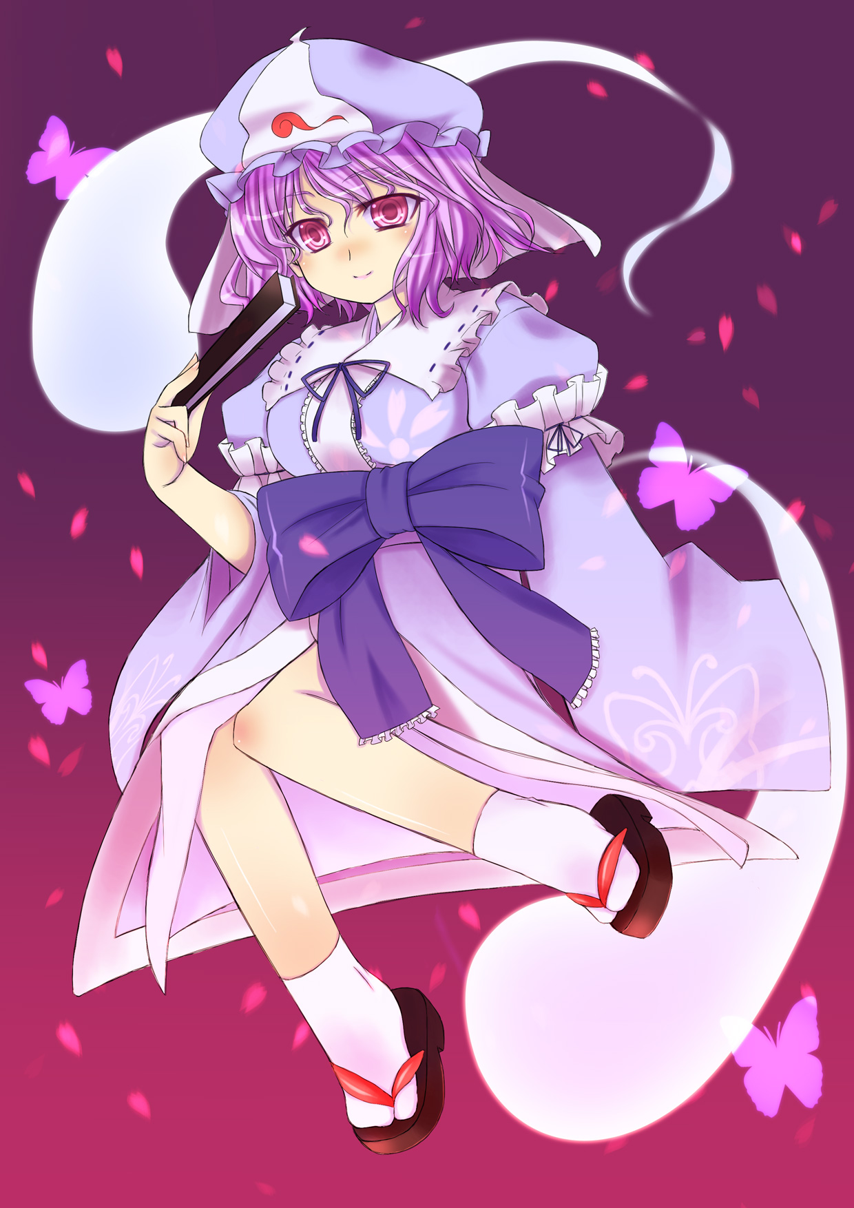 tiha, saigyouji yuyuko, touhou, bad id, bad pixiv id, highres, 1girl, dress, female focus, folded fan, folding fan, full body, ghost, gradient background, hand fan, hat, japanese clothes, kimono, pink eyes, pink hair, ribbon, short hair, solo
